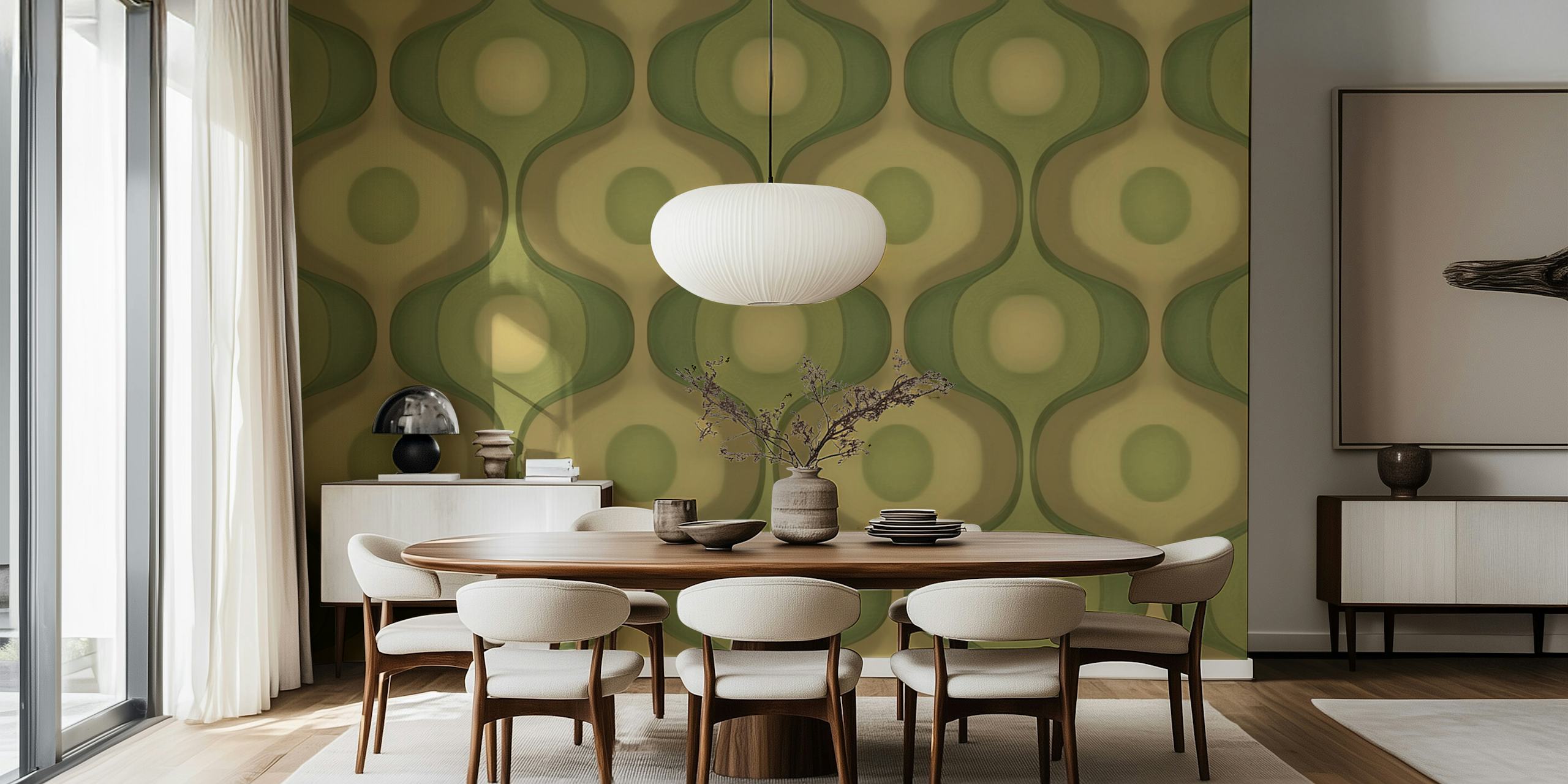 Textured moody green 70s geo wallpaper in a room.