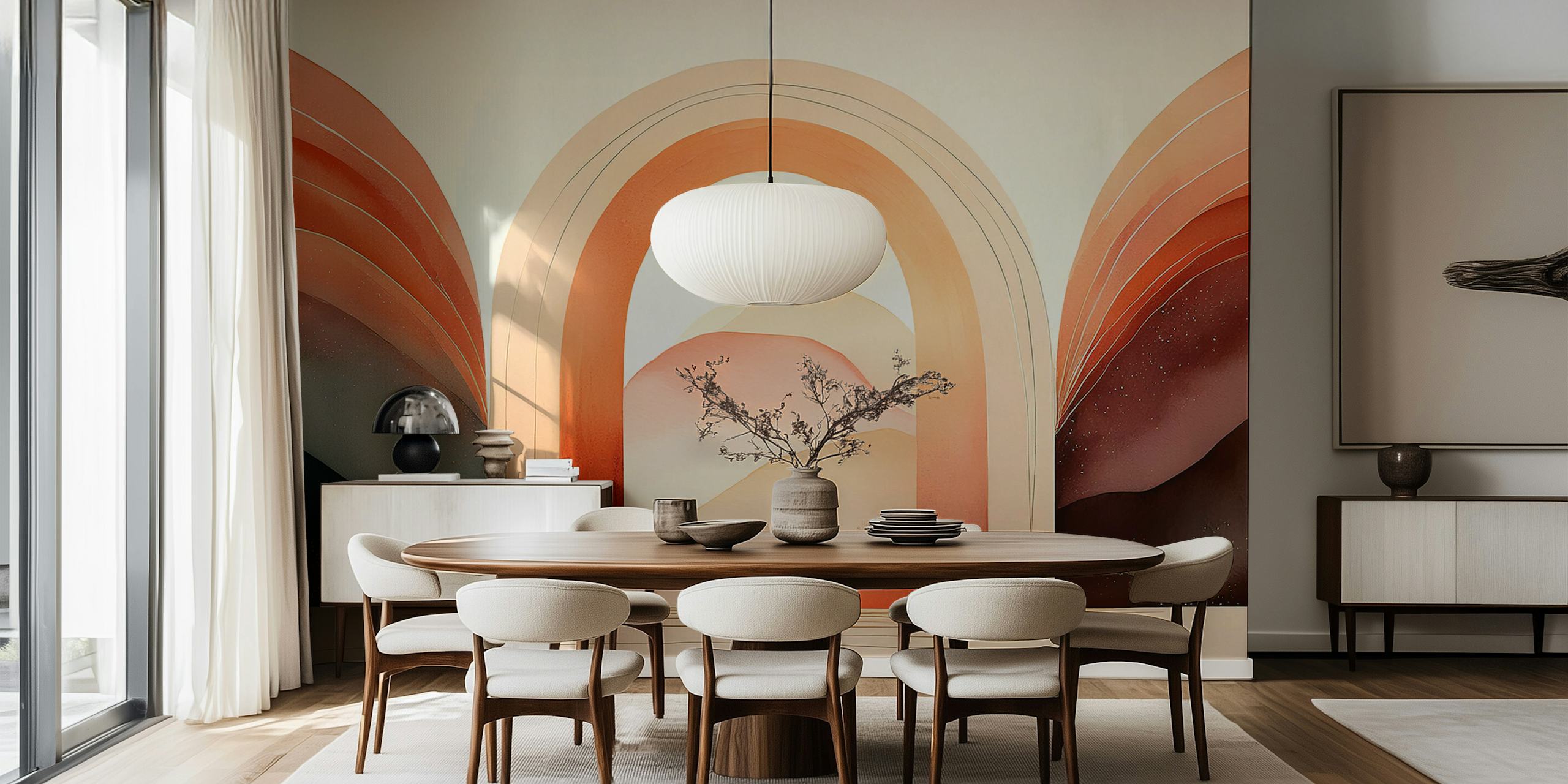 Serene landscape arches wallpaper in a room