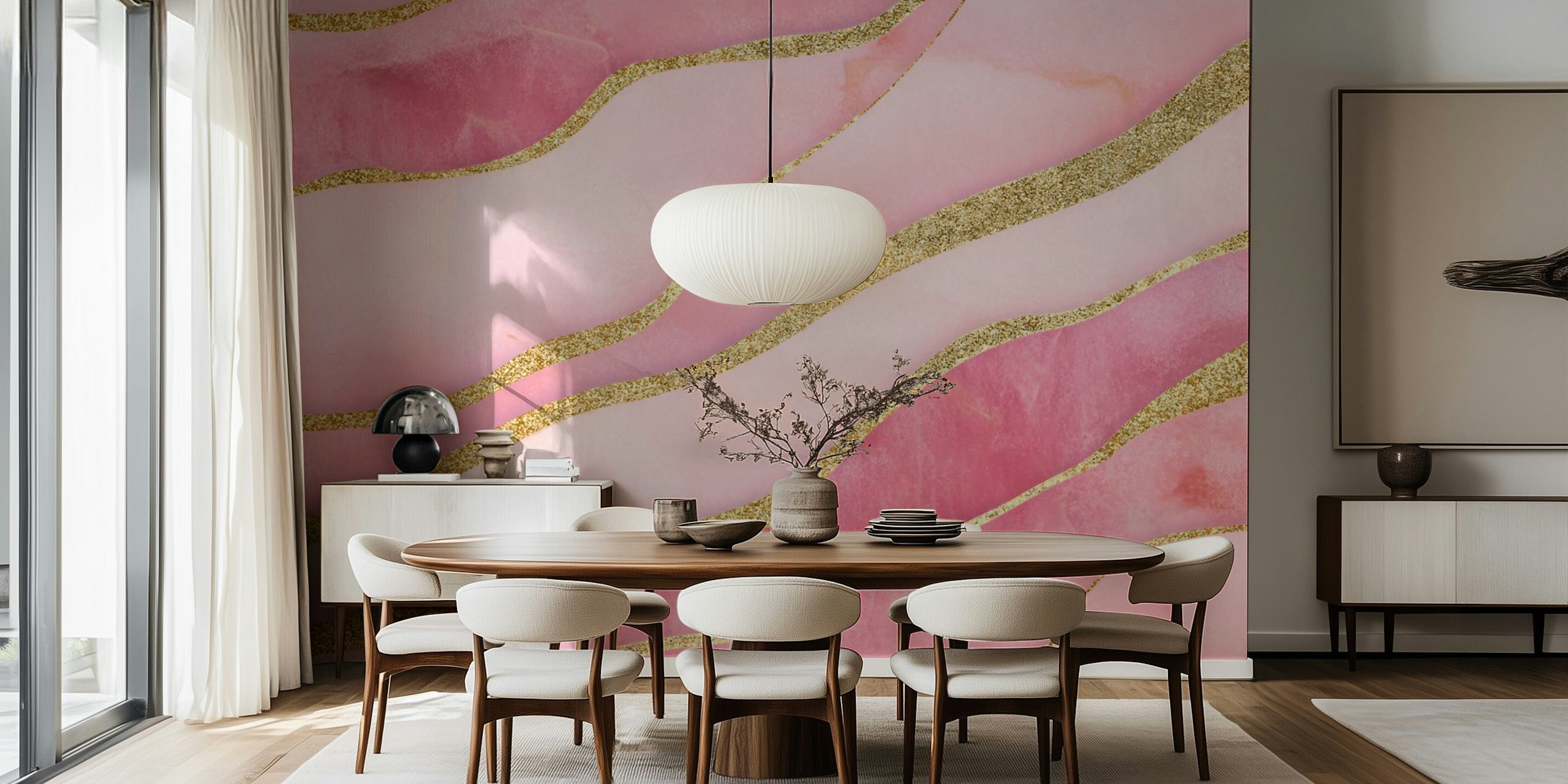 Flowing pink and gold wavy pattern wallpaper