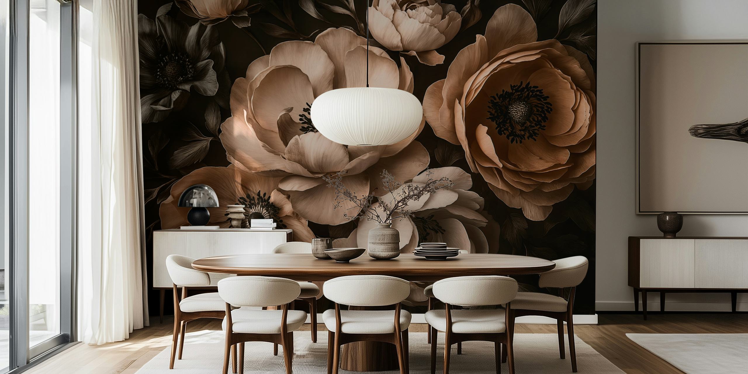 Mocha Mousse Moody Flower Ensemble wallpaper in room