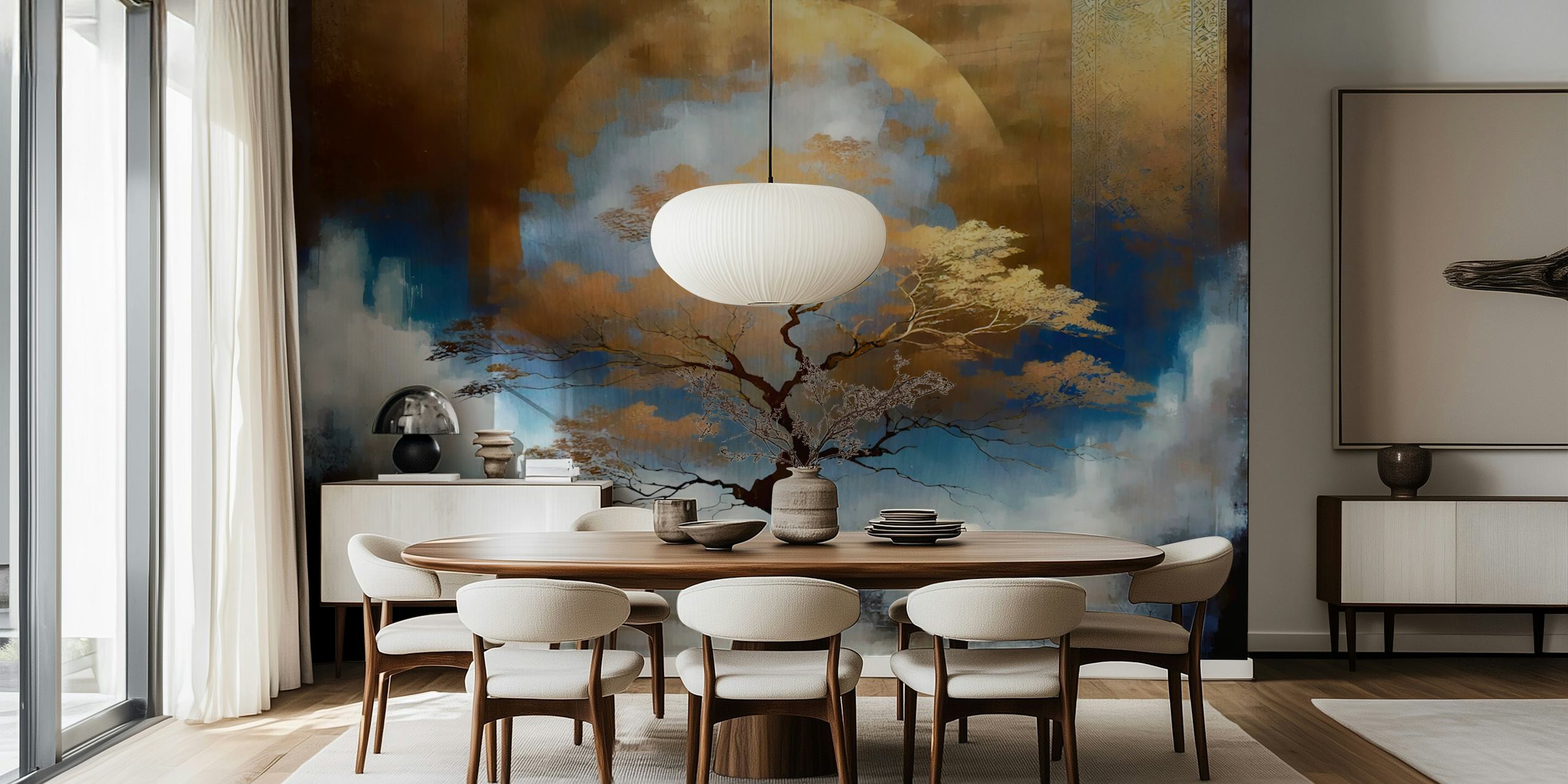 Silhouetted tree against a blue and gold night sky wallpaper