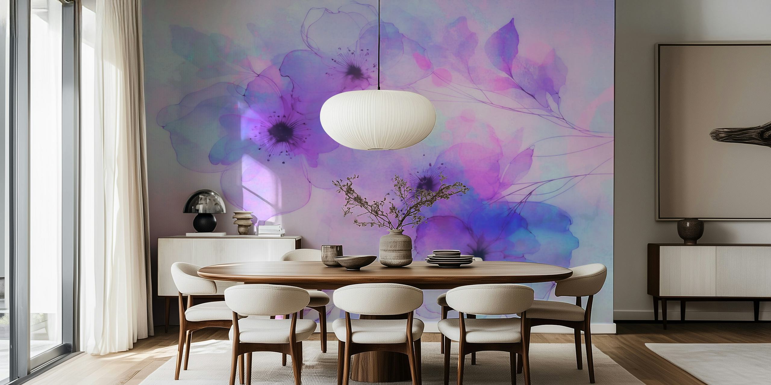 Purple translucent flowers with black centers on a soft pastel background wallpaper