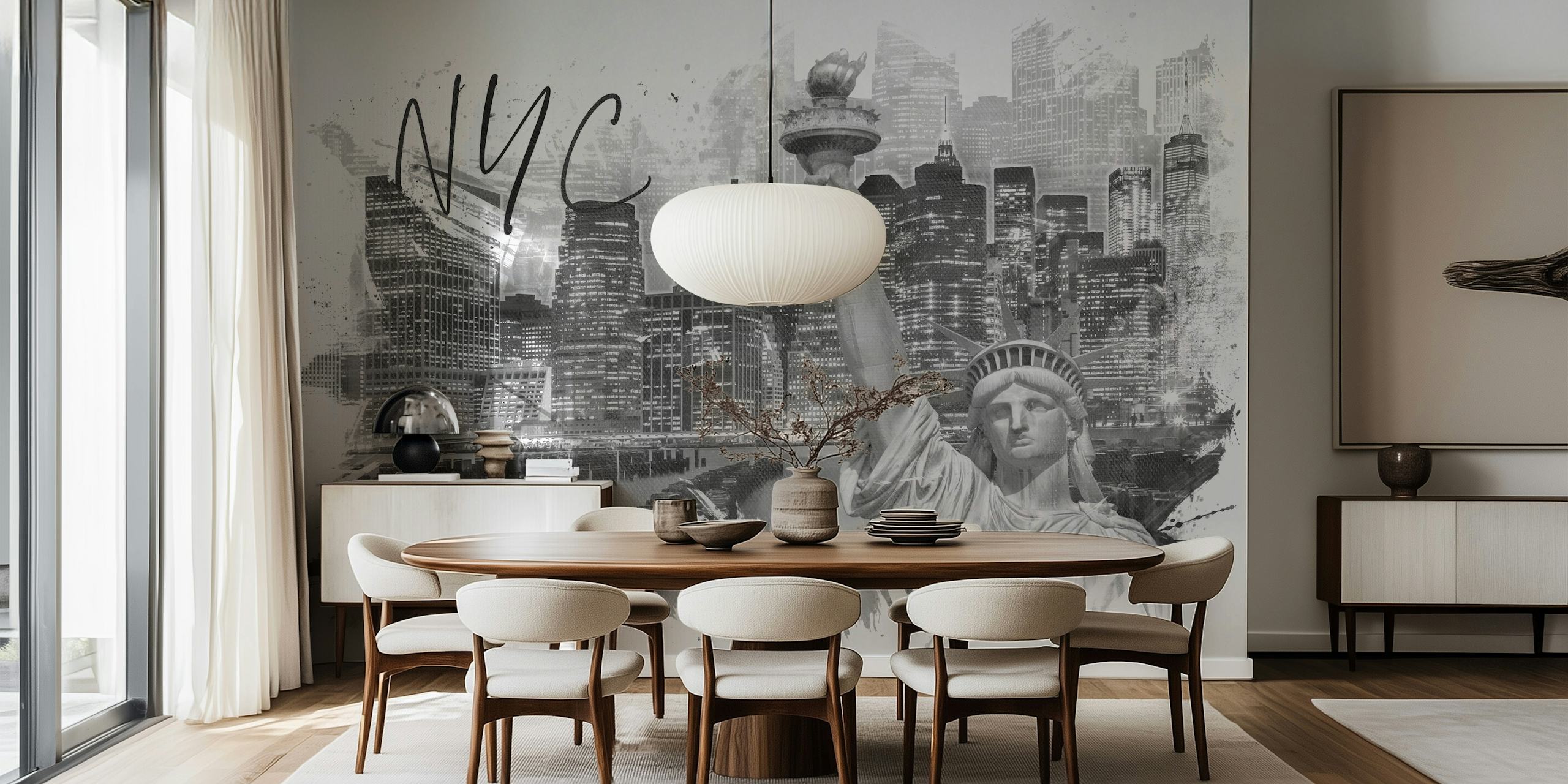 Black and white NYC cityscape wallpaper featuring the Statue of Liberty and skyline