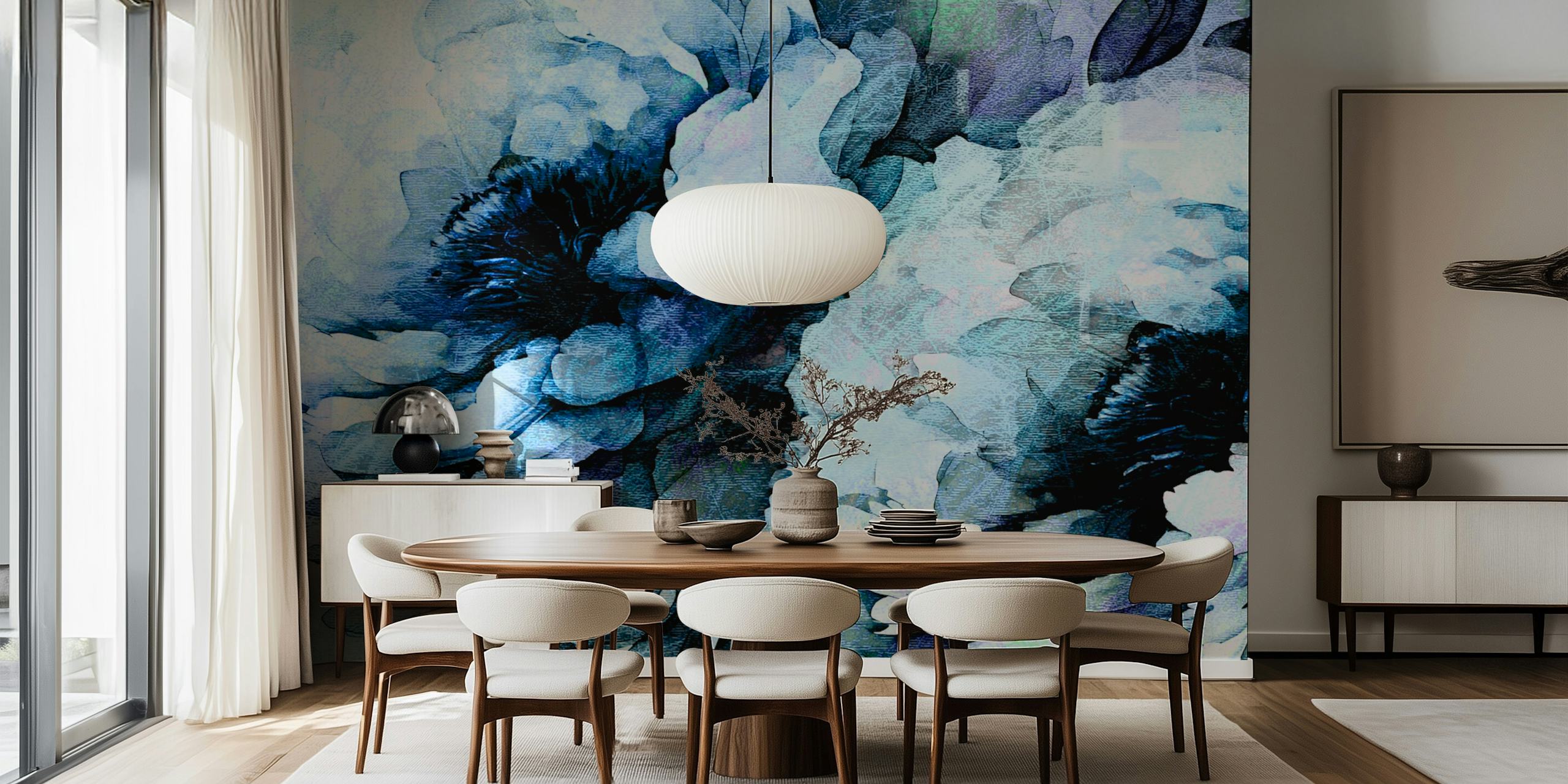 Blue and white abstract floral patterned wallpaper