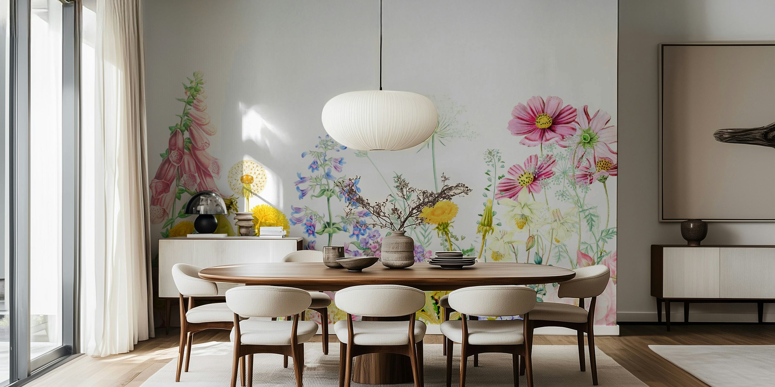 A colorful wall mural of a spring flowers meadow with various blossoms
