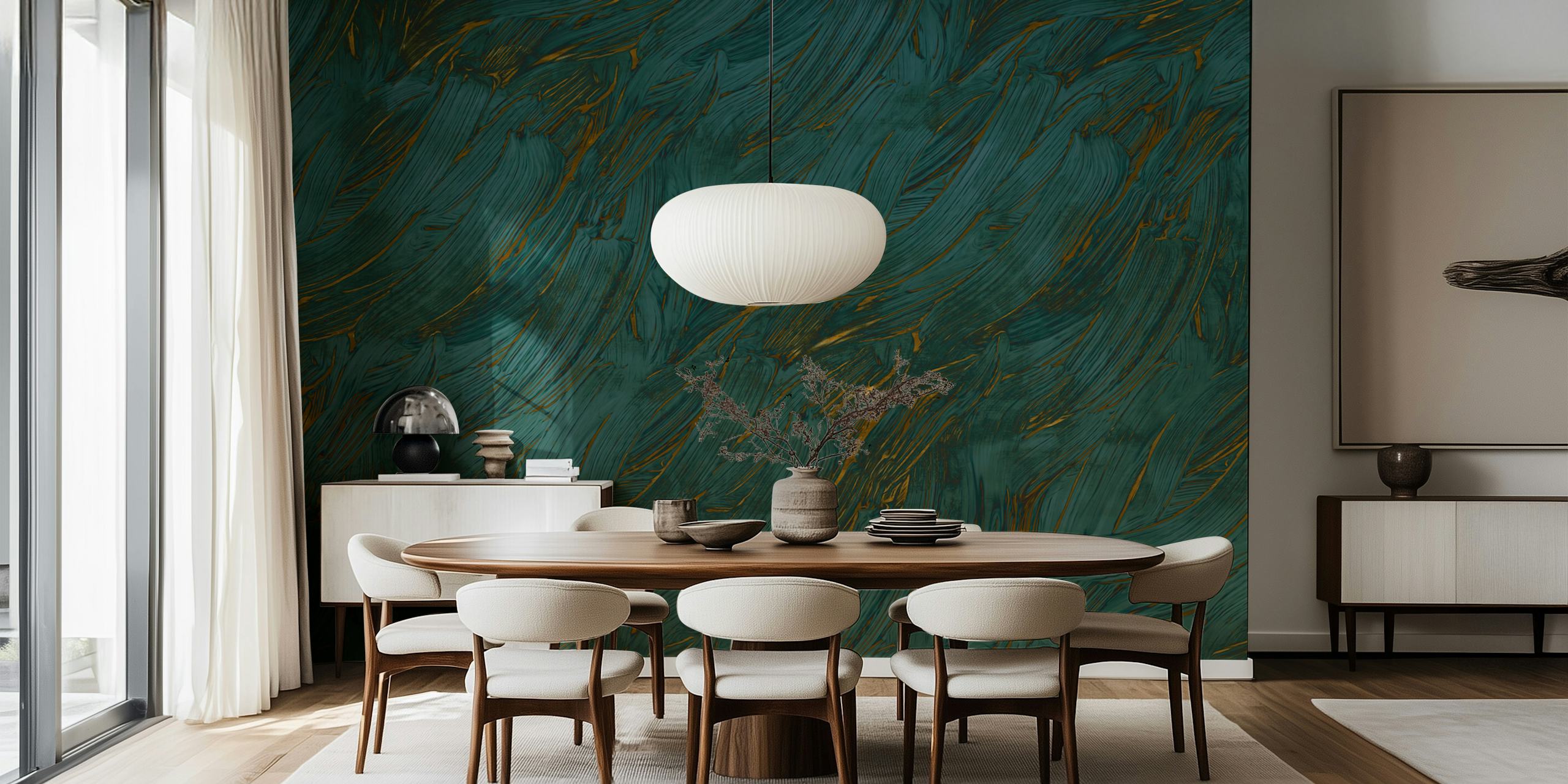 Teal and gold abstract brushstroke pattern wallpaper
