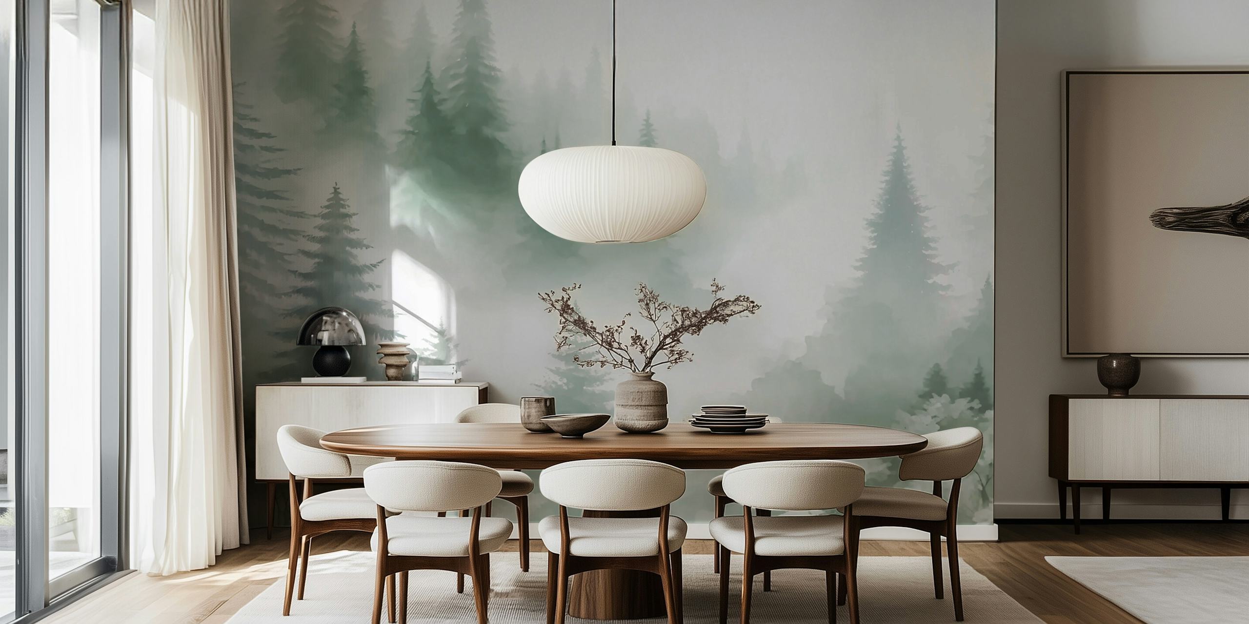 Misty Pine Forest Peaks wallpaper in a room