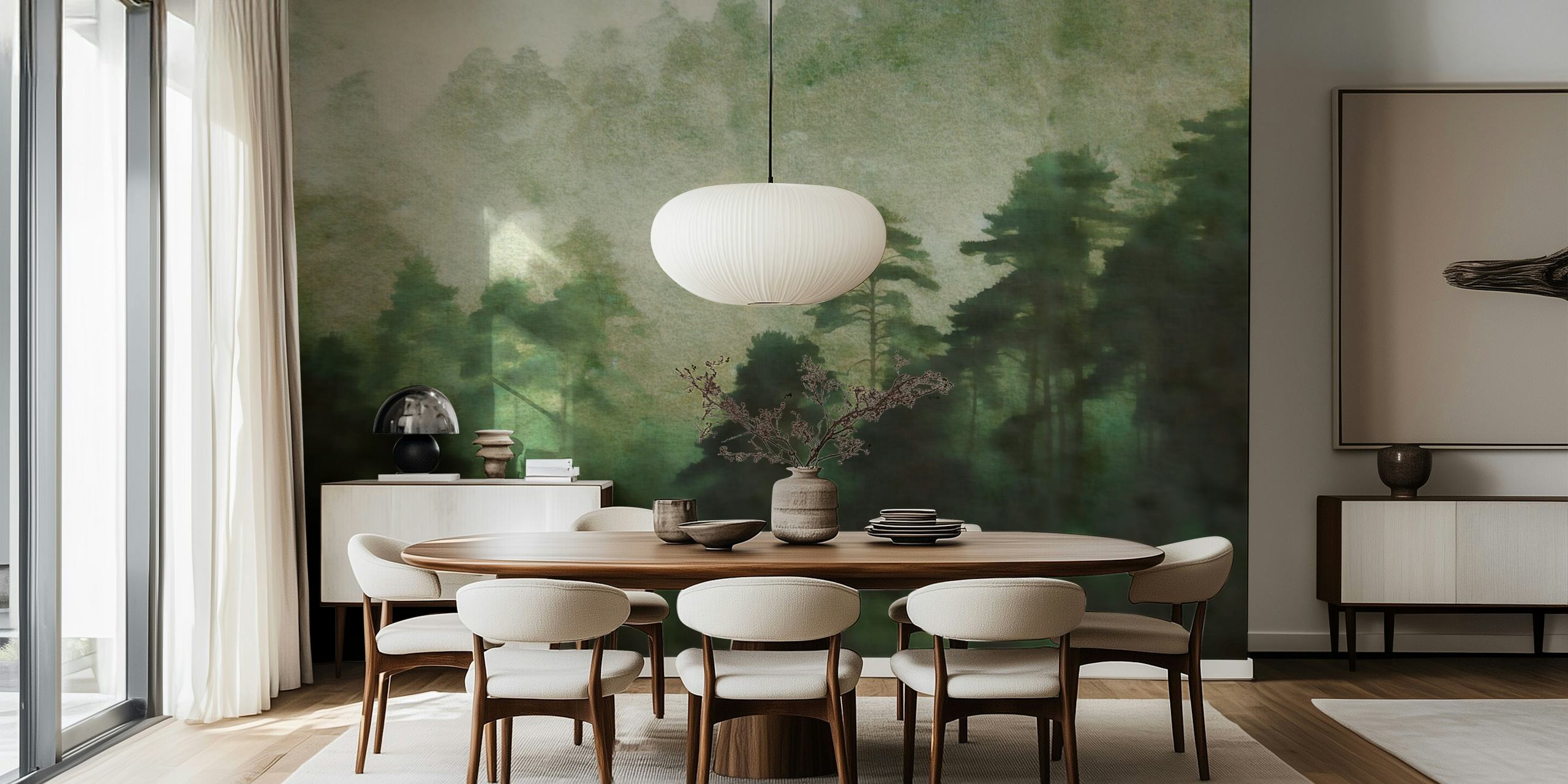 Misty Forest Tranquility wallpaper in a room