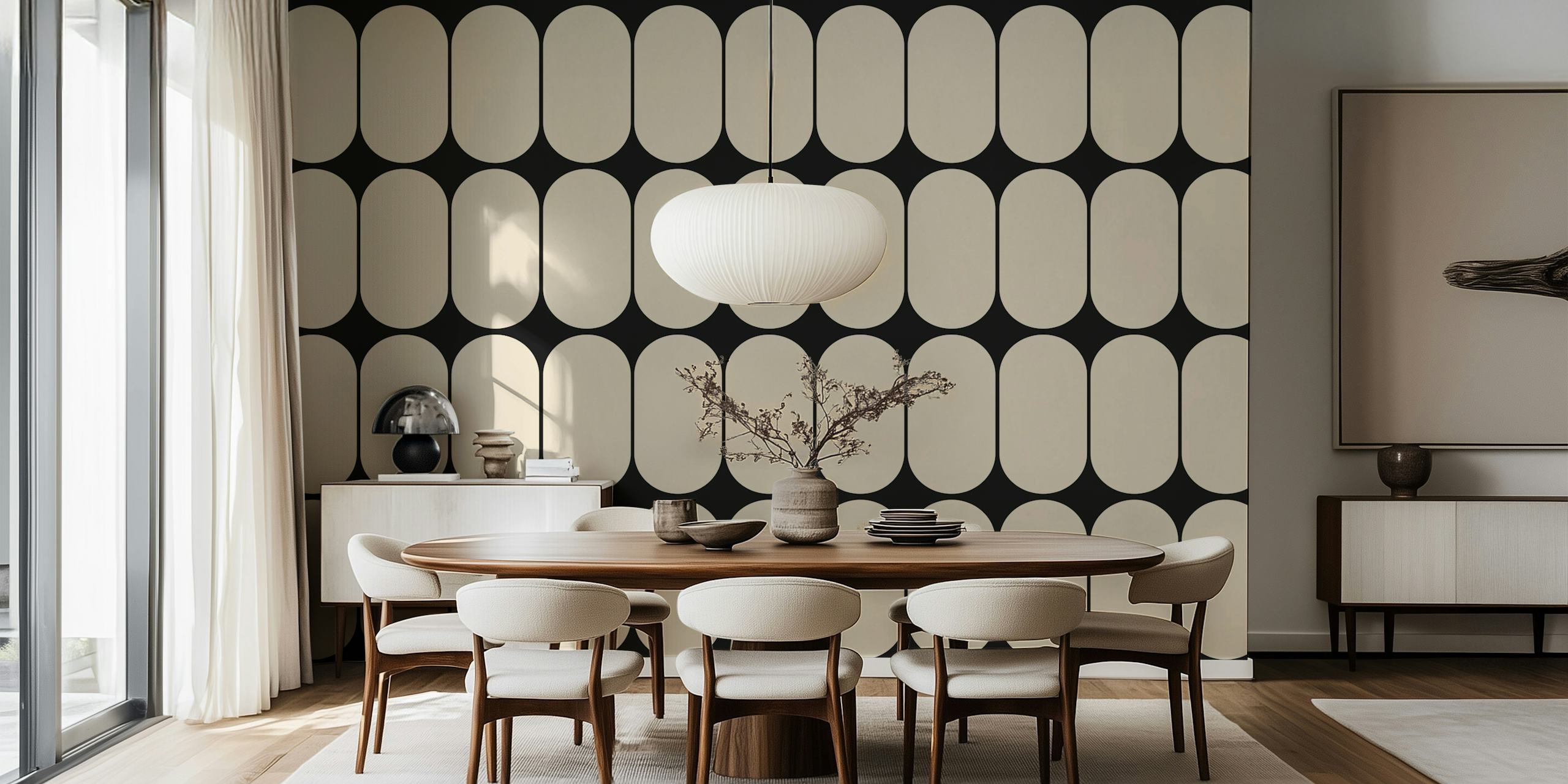 Black and cream oval pattern wallpaper in retro style