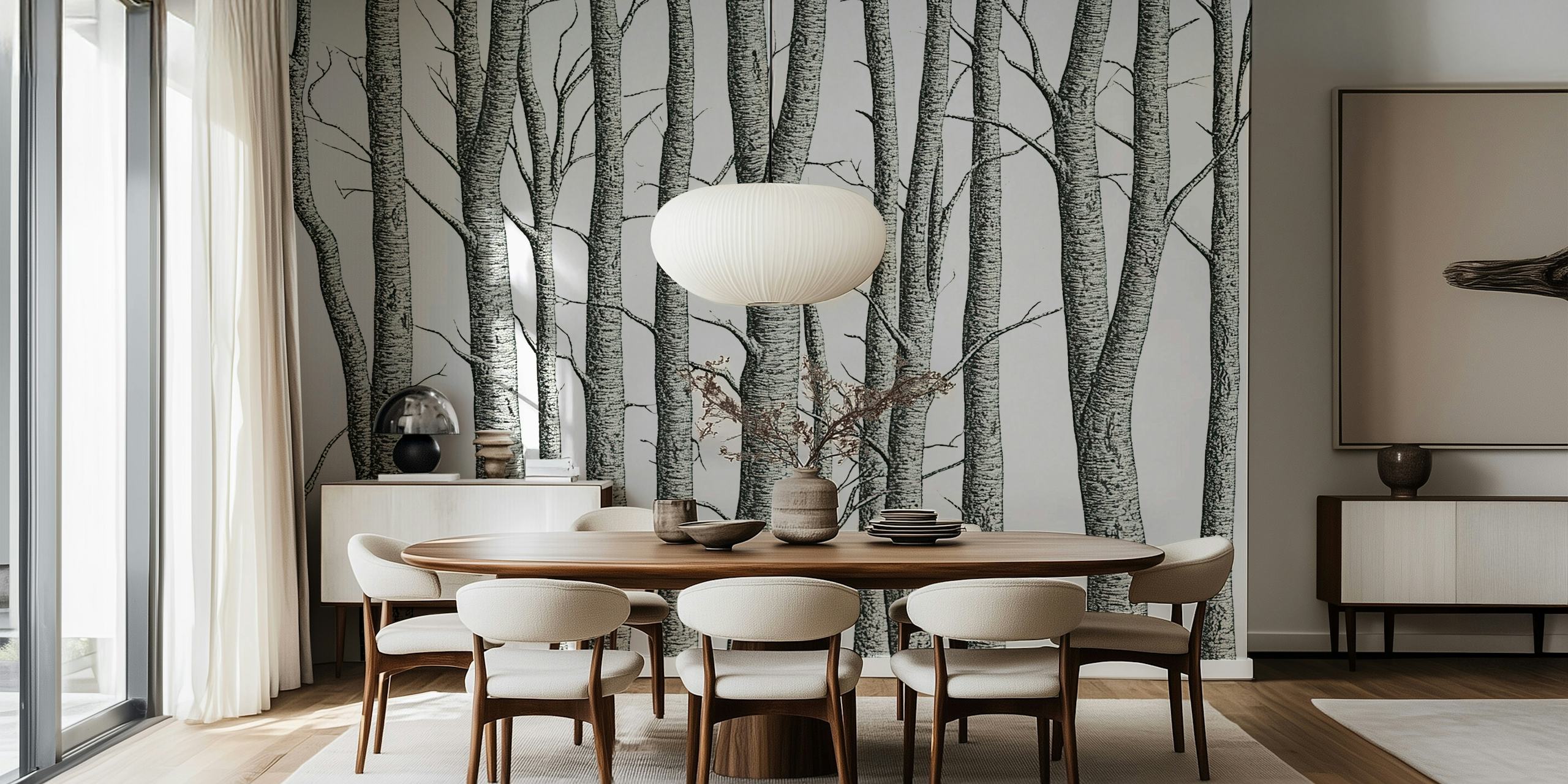 Detailed black and white tree wallpaper with engraved look.