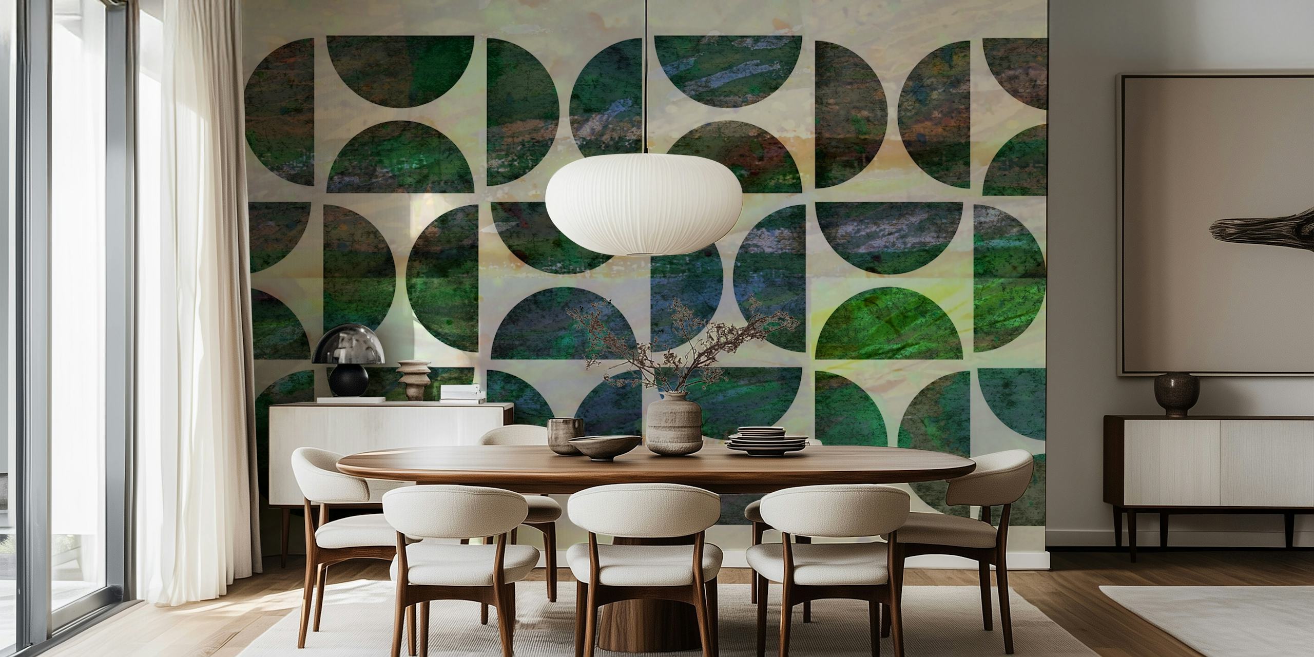 Geometric black and green shapes on textured wallpaper in abstract style