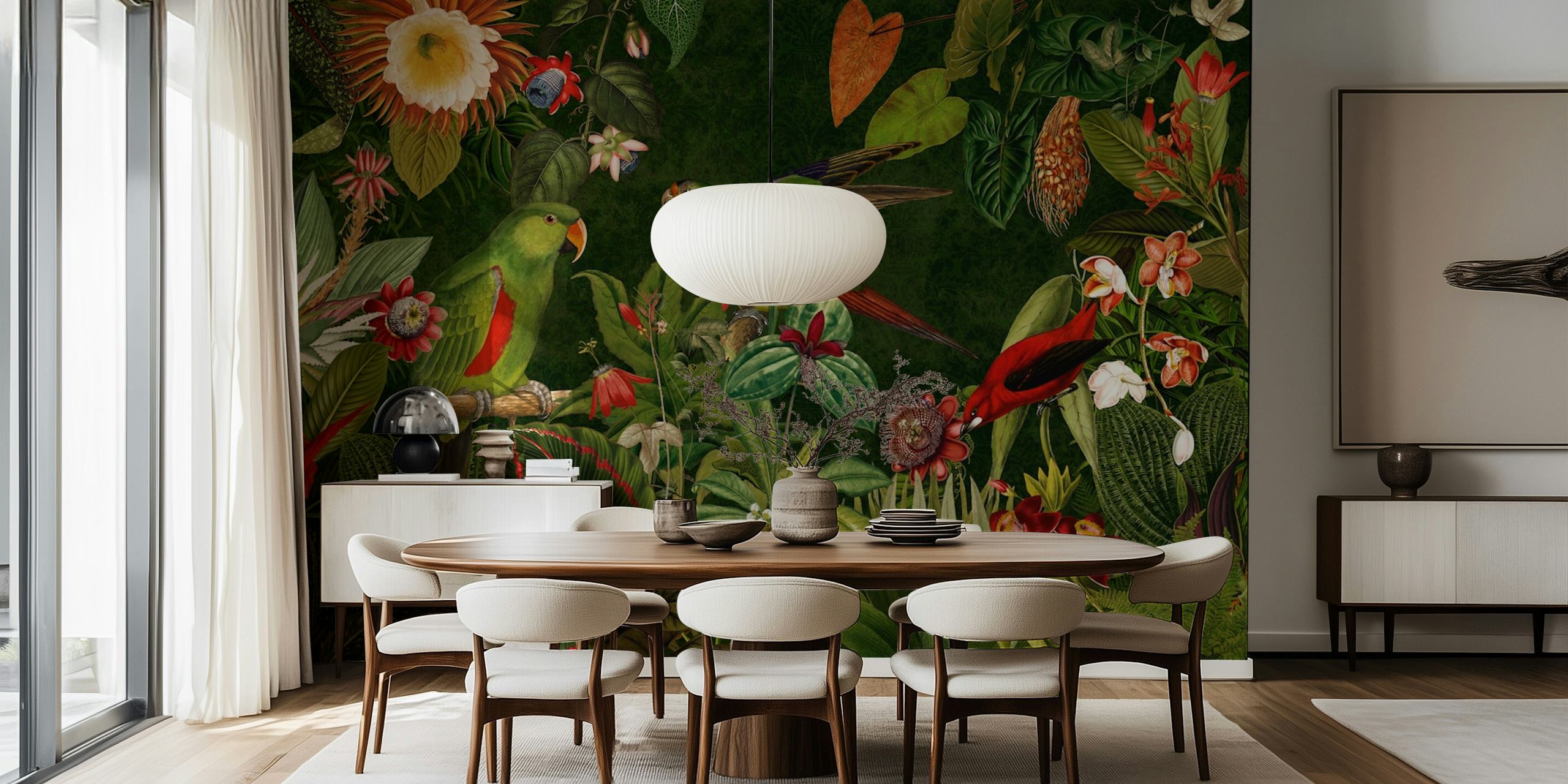 Vibrant vintage rainforest birds wallpaper on display