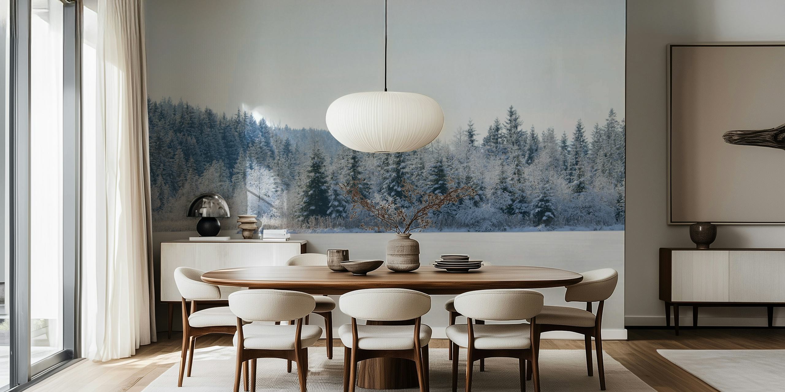 Snowy pine trees wallpaper in a room
