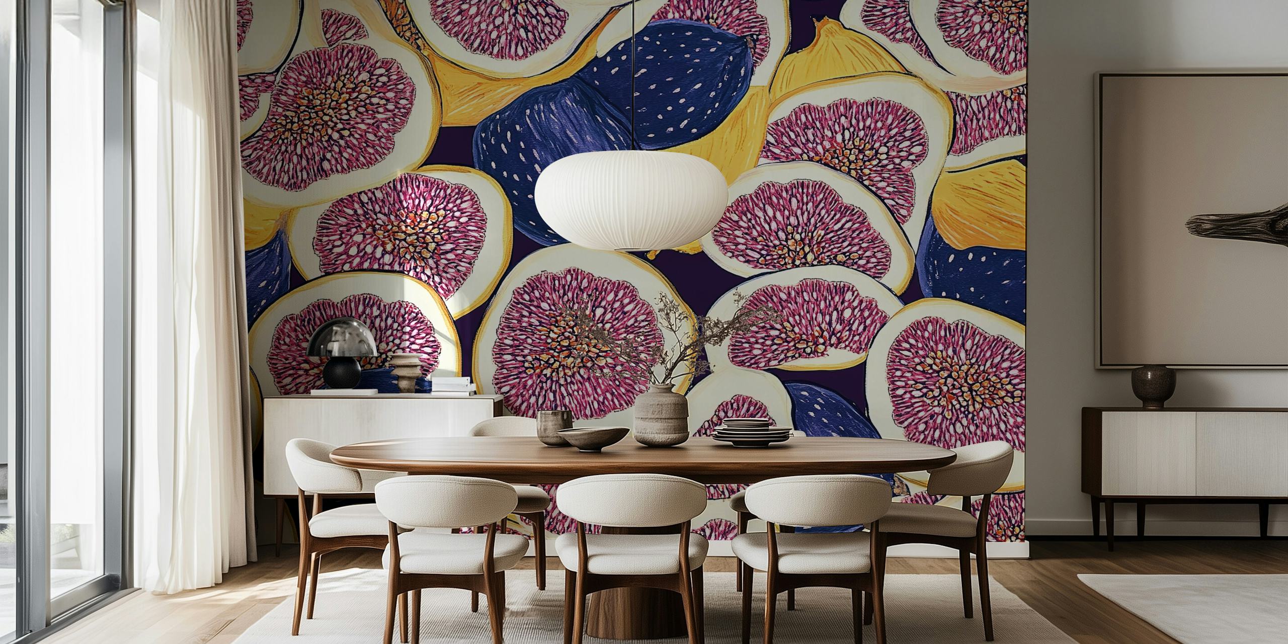 Colorful fig fruit pattern wallpaper with purple hues and yellow accents