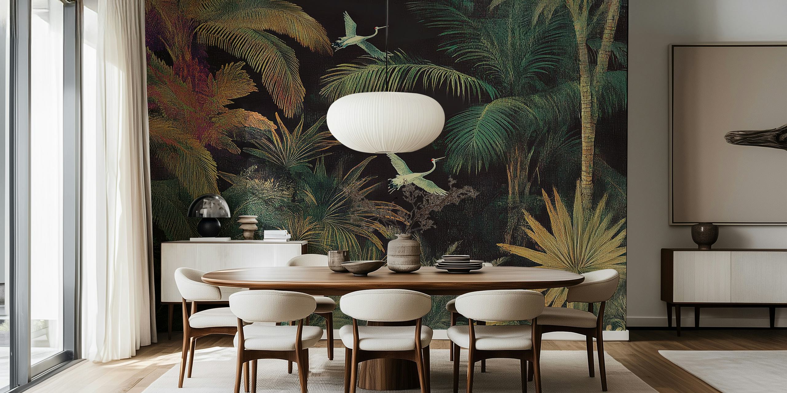 Tropical jungle scene with lush greenery and flying birds wallpaper