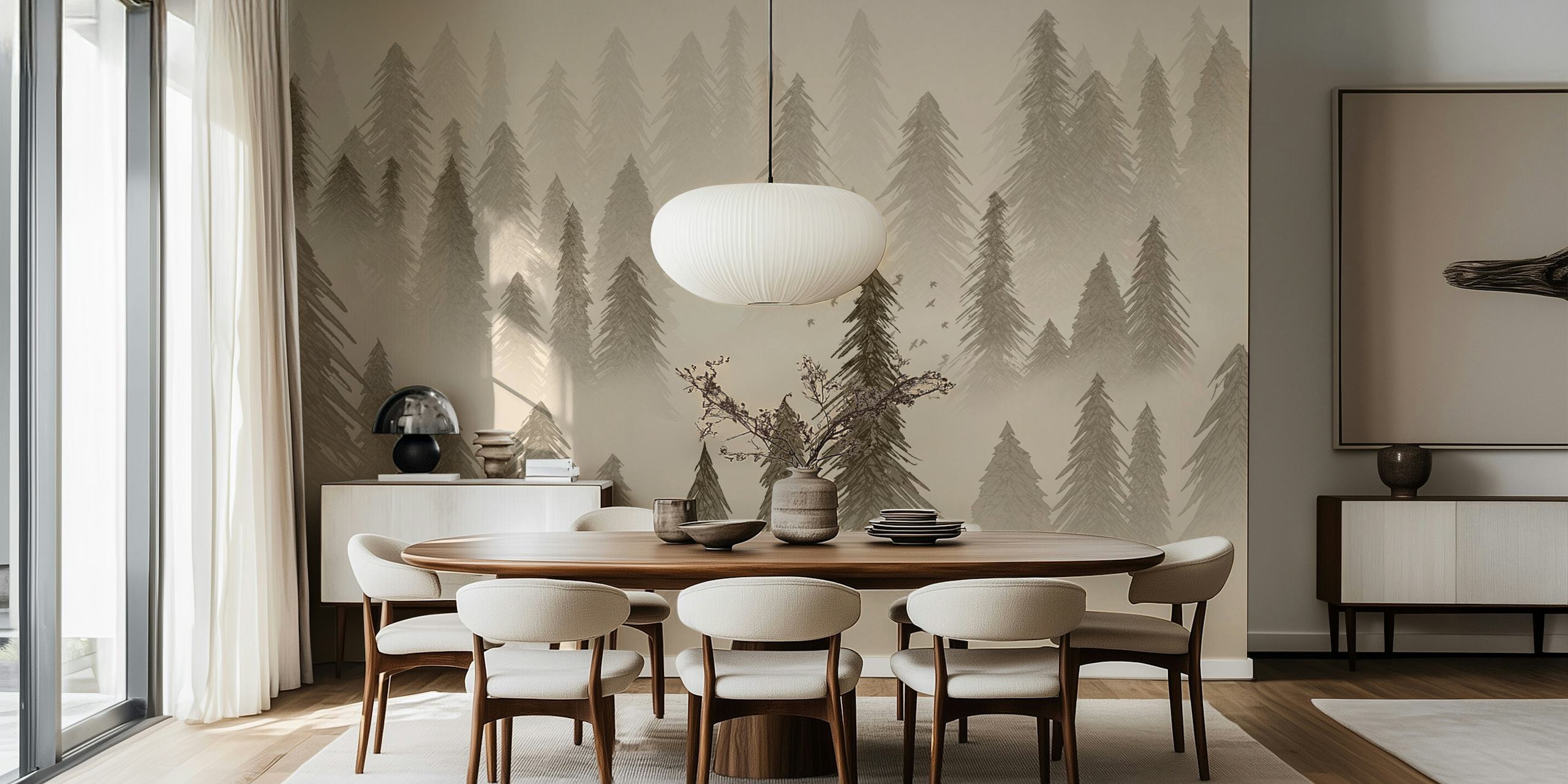 Tree silhouettes in sepia tones with misty background wallpaper