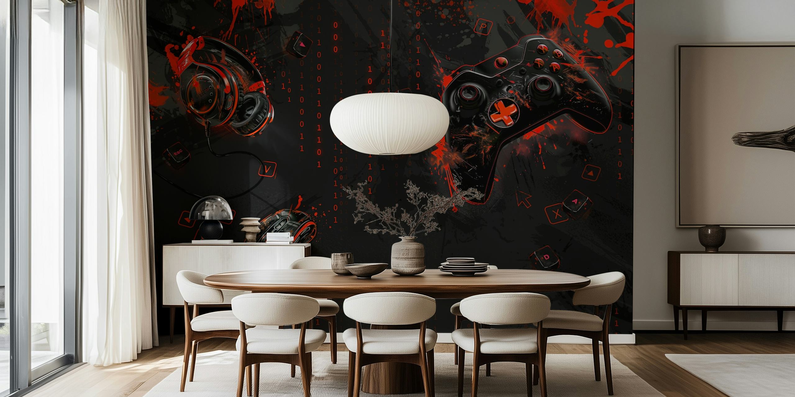 Gaming equipment including a headset, controller and mouse in red and black colors on a wall mural