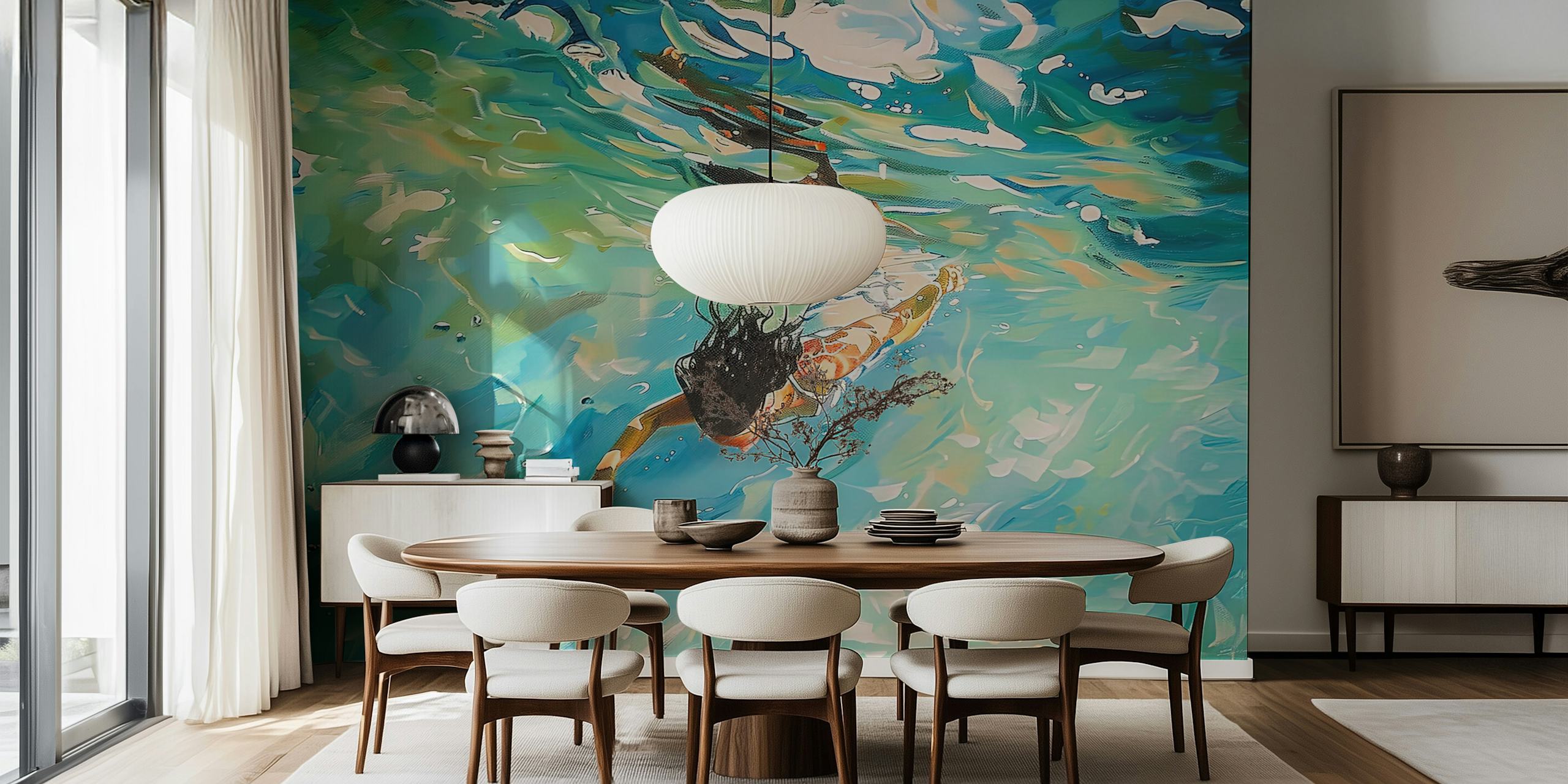 A person swimming underwater surrounded by turquoise and aqua tones abstract wallpaper