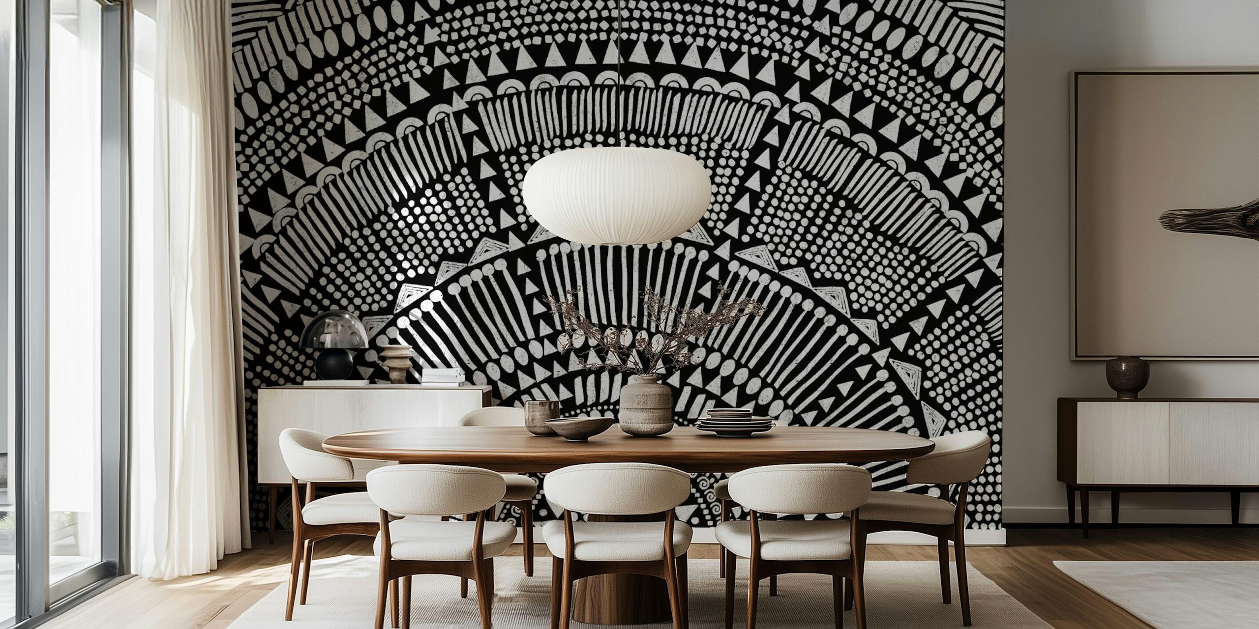 Motif tribal noir et blanc avec cercles et lignes sur papier peint
