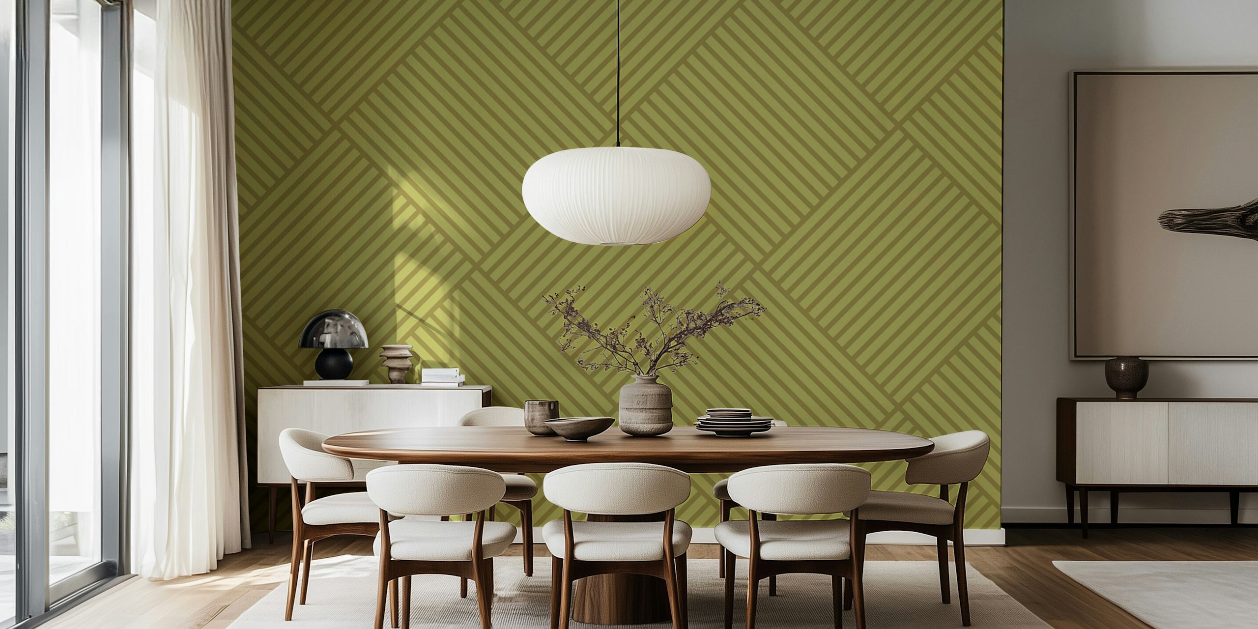 Japandi Natural Stripes - Olive - Διαγώνια ριγέ ταπετσαρία σε ένα δωμάτιο