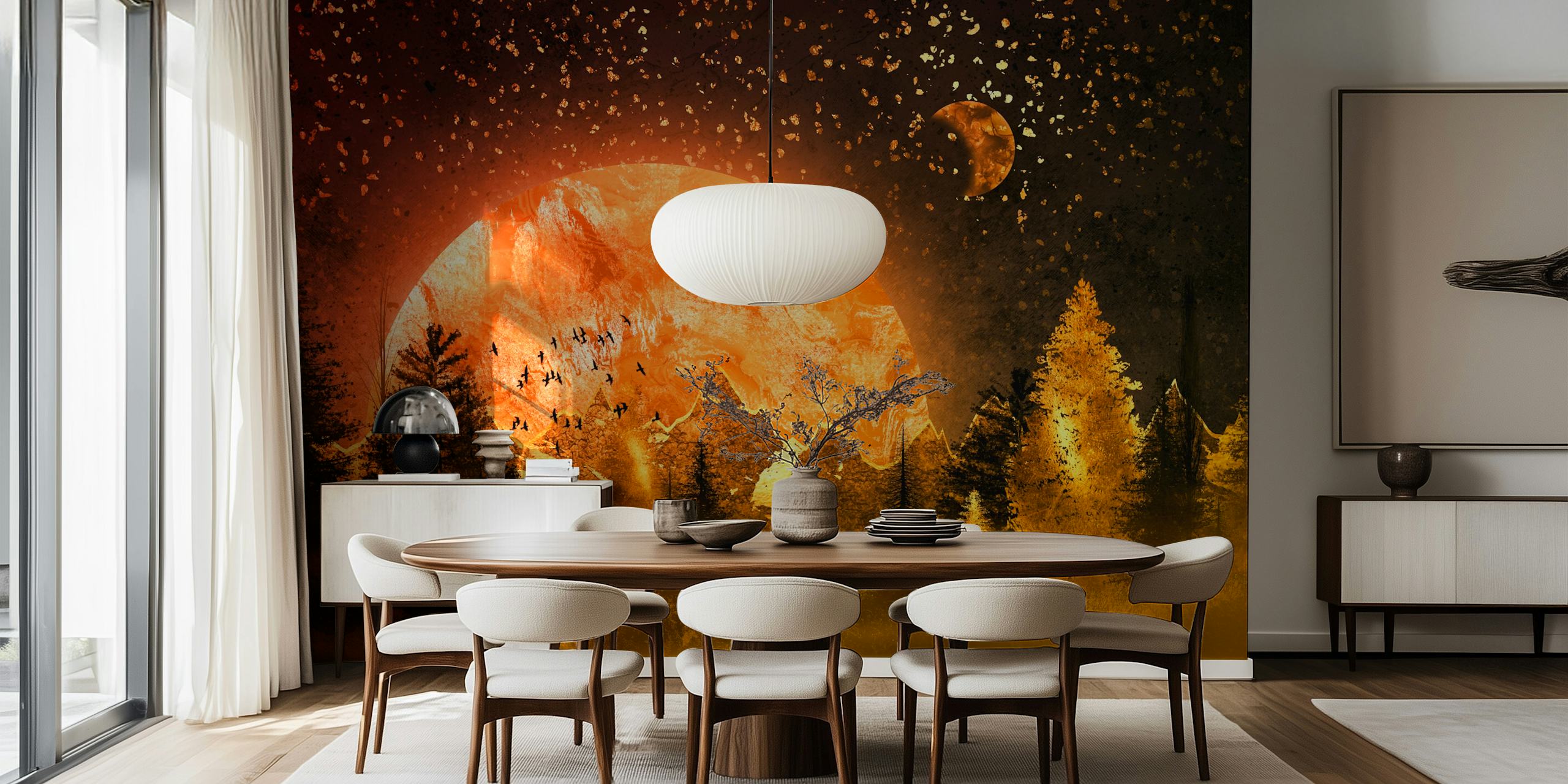 Mountain landscape with orange and gold hues, trees and moon wallpaper