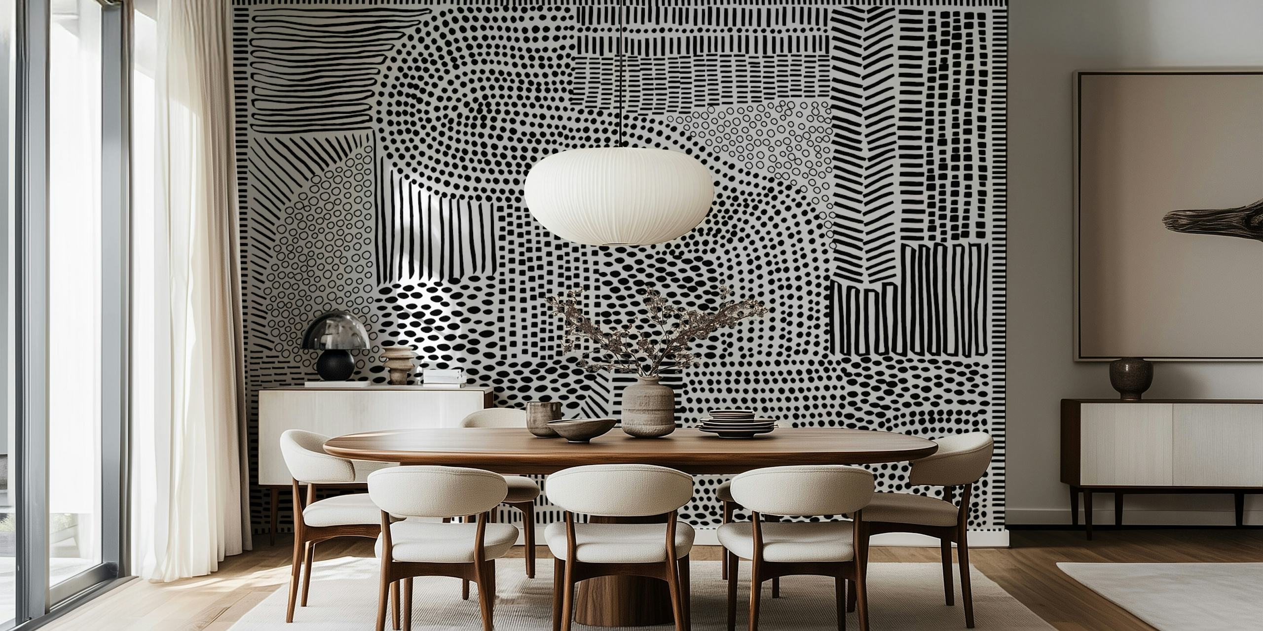 Geometric black and white patterns in wavy and linear designs wallpaper