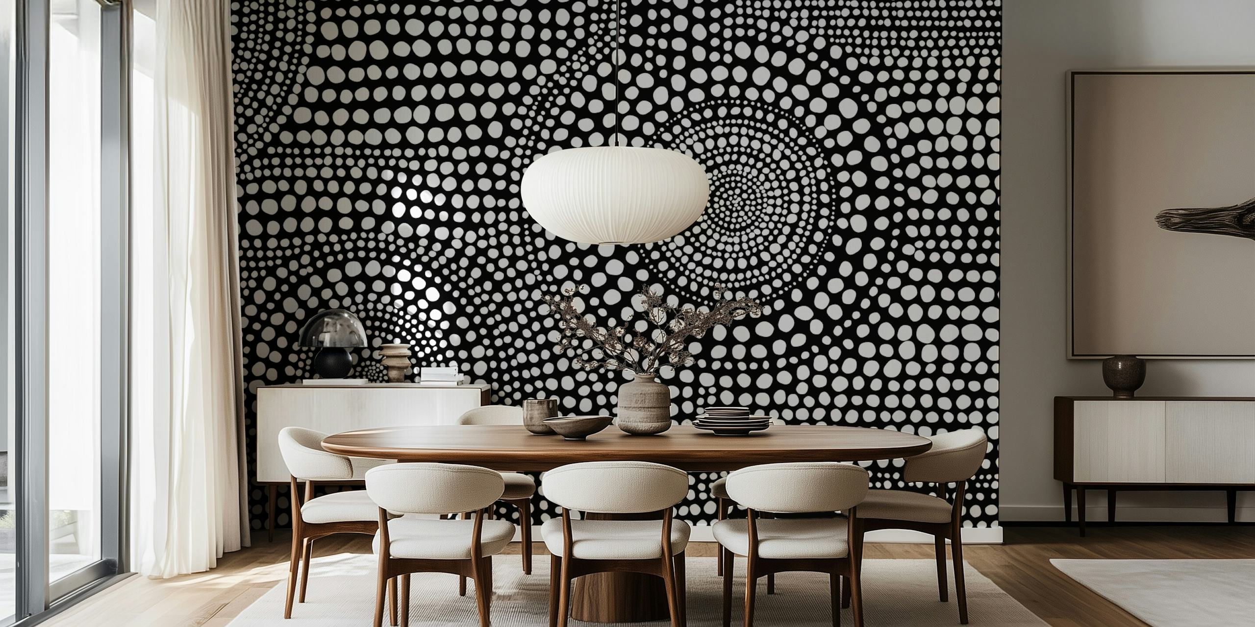 Black and white dotted pattern wallpaper featuring circular and abstract designs