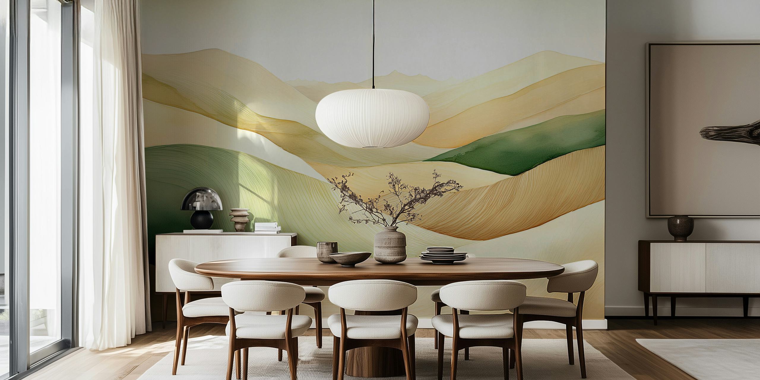 Abstract rolling hills in soft green, beige, and cream tones wallpaper
