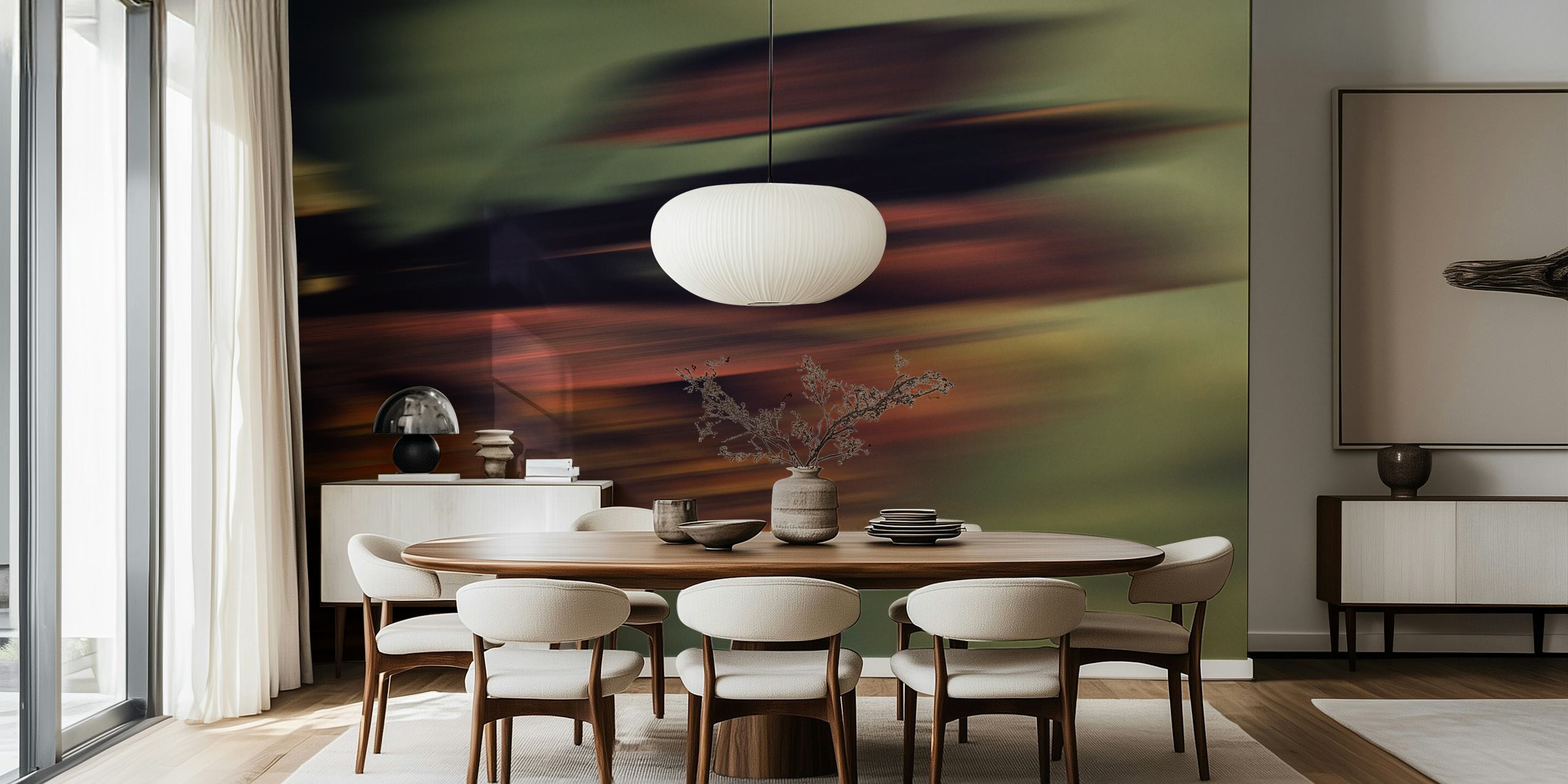 Blurred tropical plants in green and earthy tones wallpaper