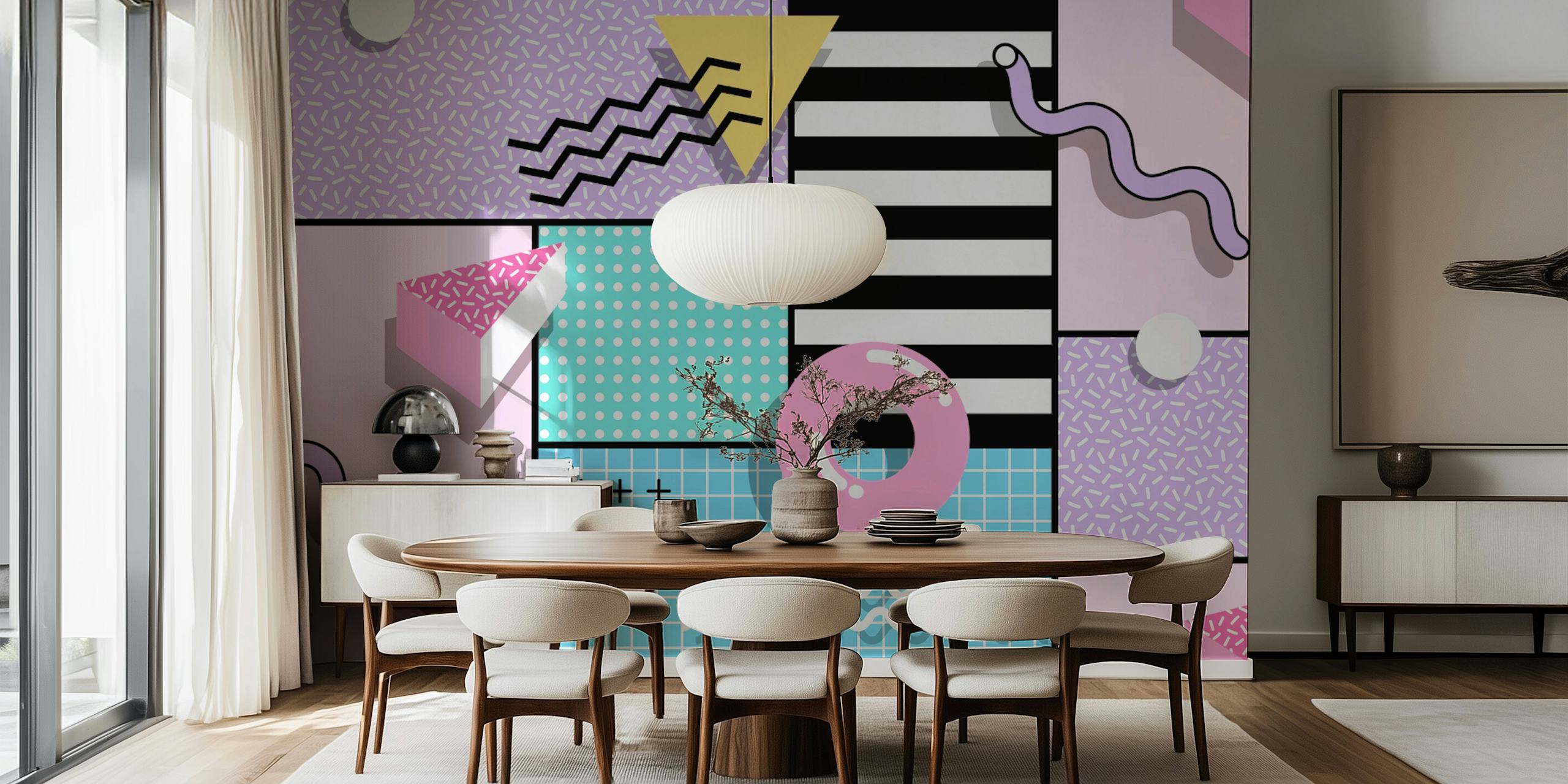 Colorful geometric patterns with pink, yellow, black, and blue in a retro style wallpaper
