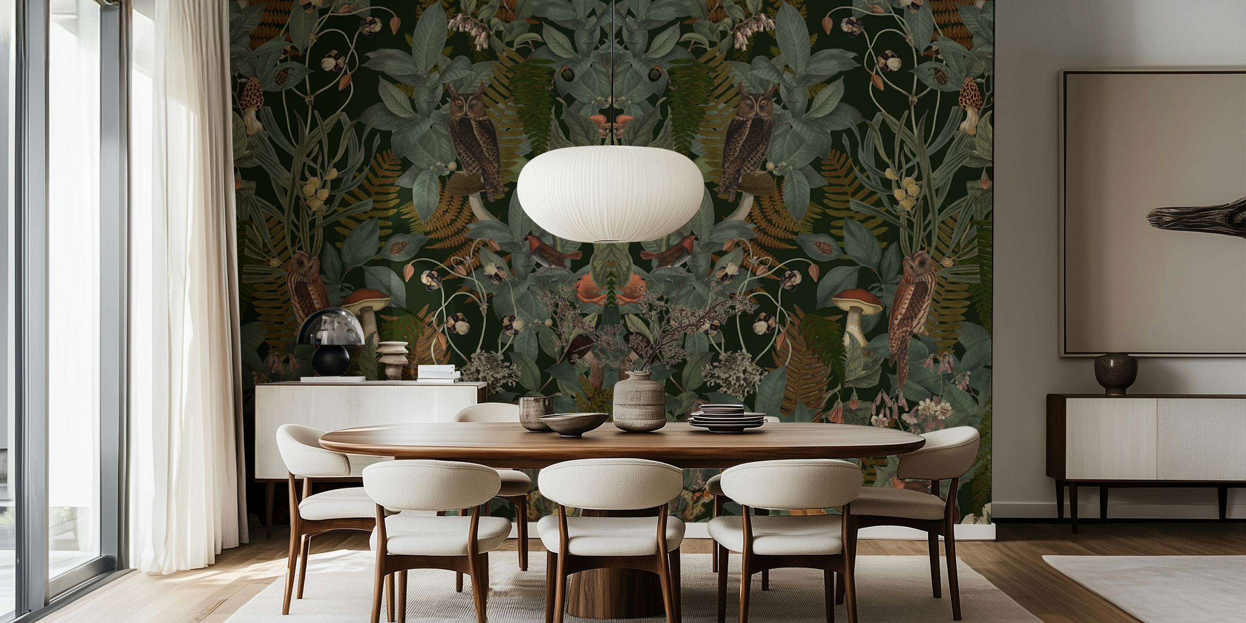 Owls, greenery, and mushrooms in a dark forest wallpaper