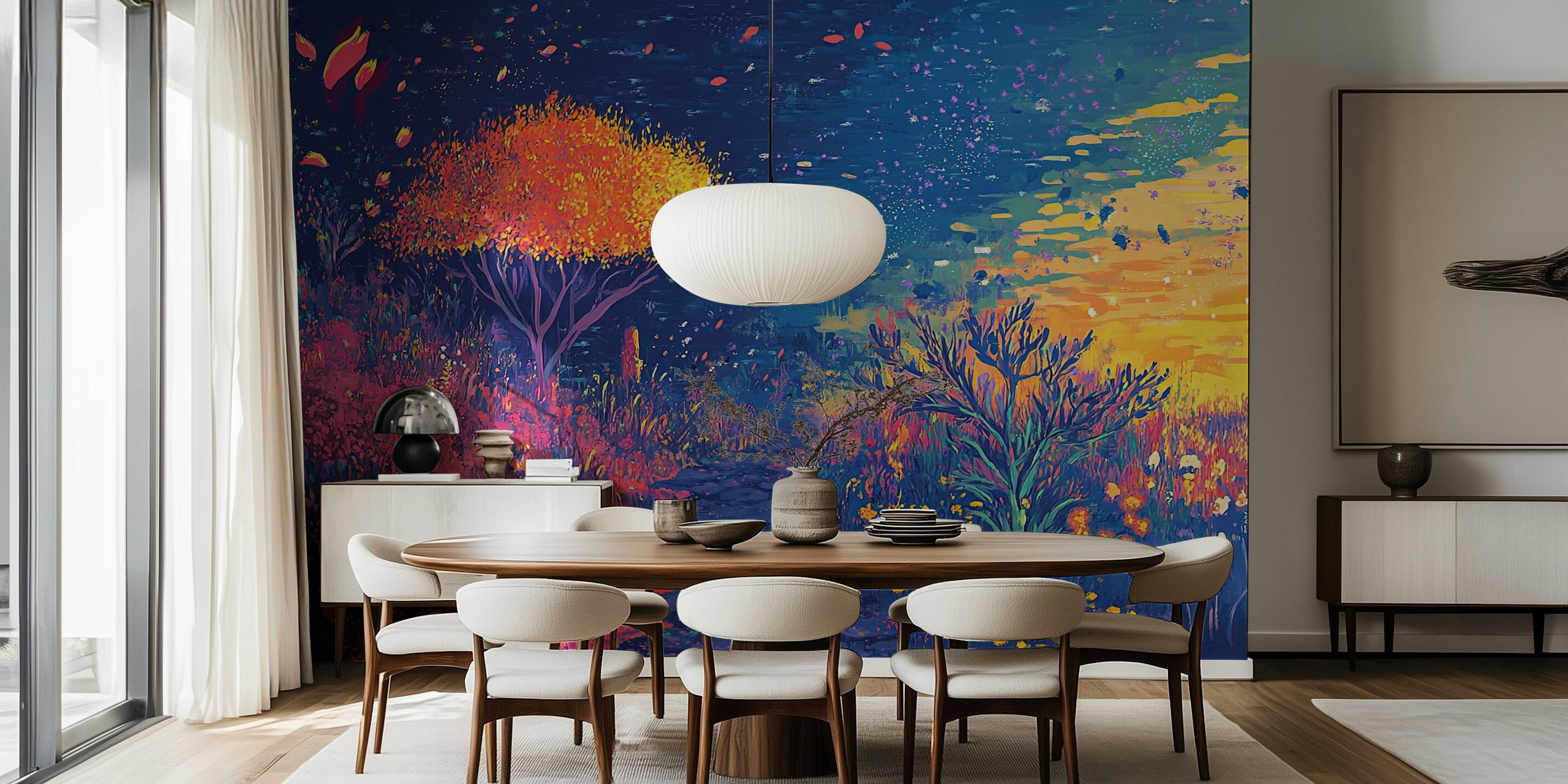 Colorful night floral landscape wallpaper with bright tree and foliage