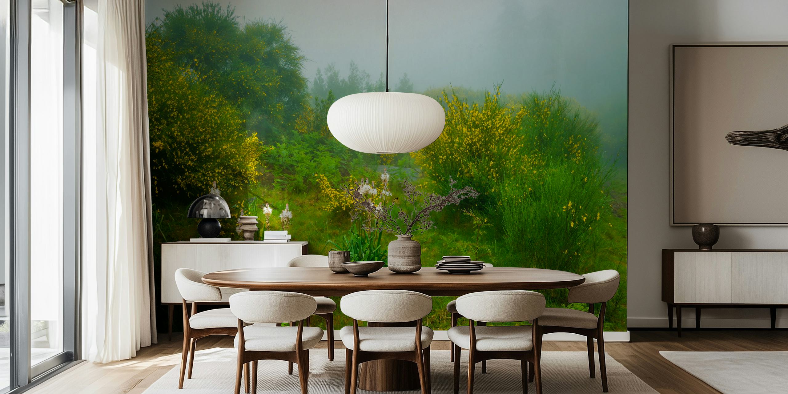 Lush green and yellow flowers with white accents wallpaper