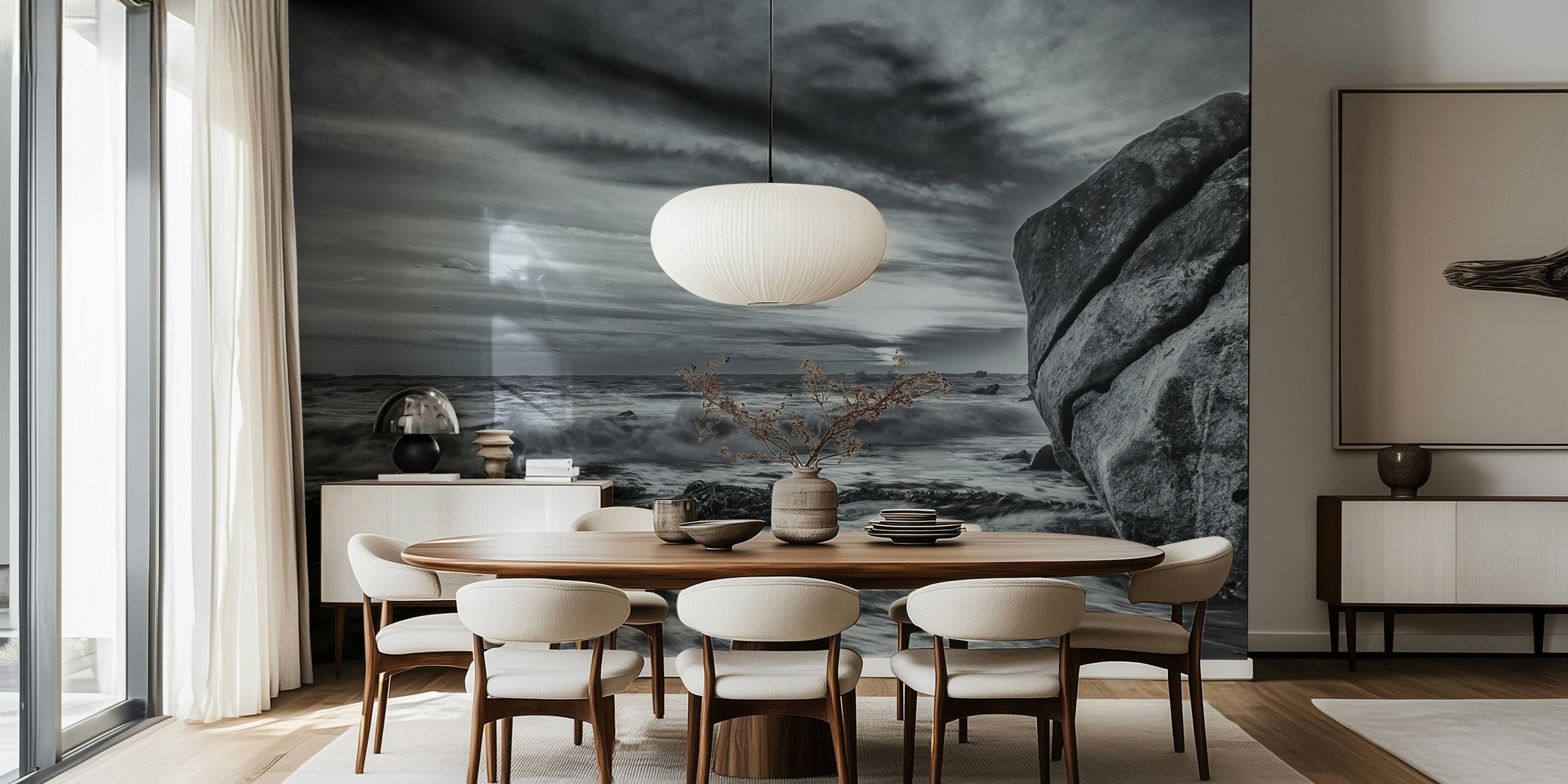 Black and white coastal wall mural depicting waves and rocks