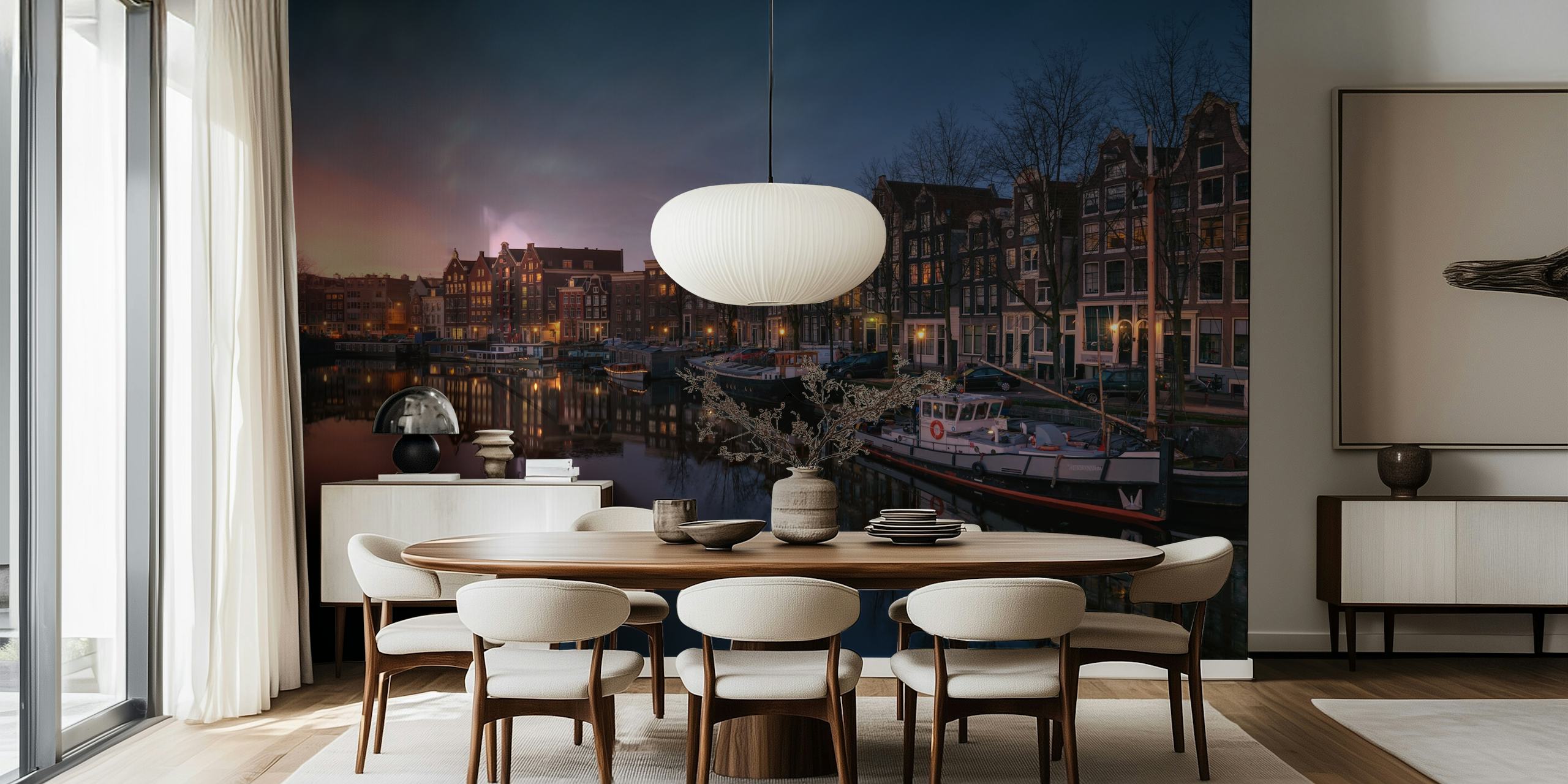 Amsterdam canal at sunset with colorful buildings wallpaper