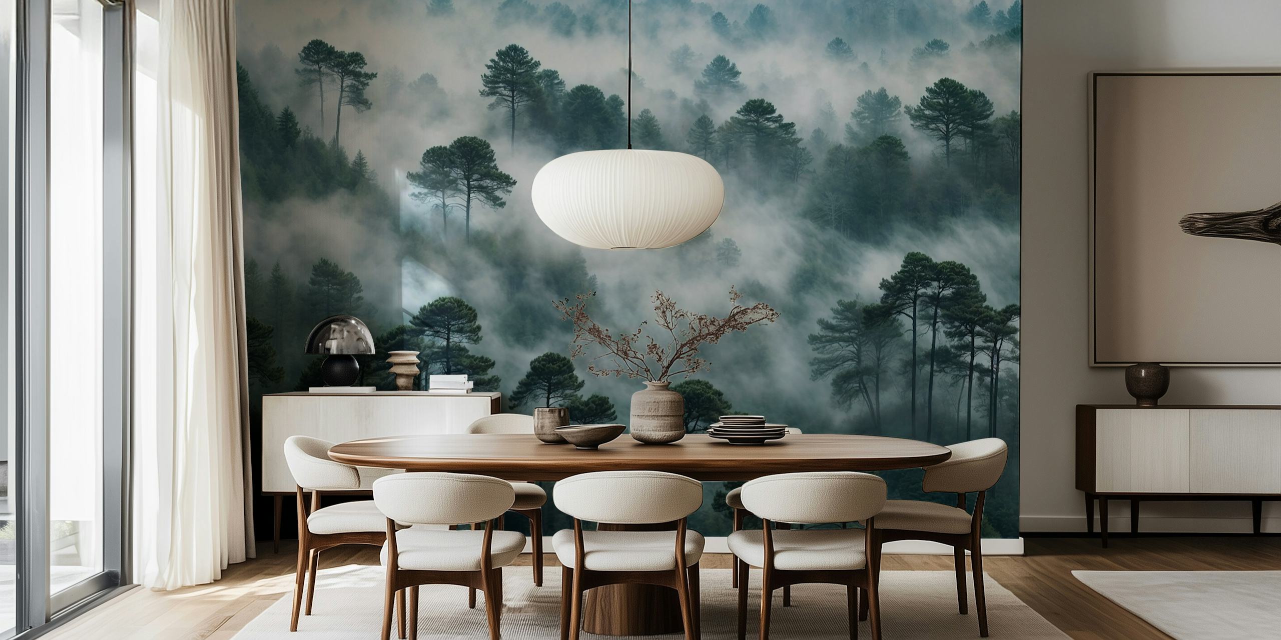 Tall pine trees in a misty forest, green toned wallpaper