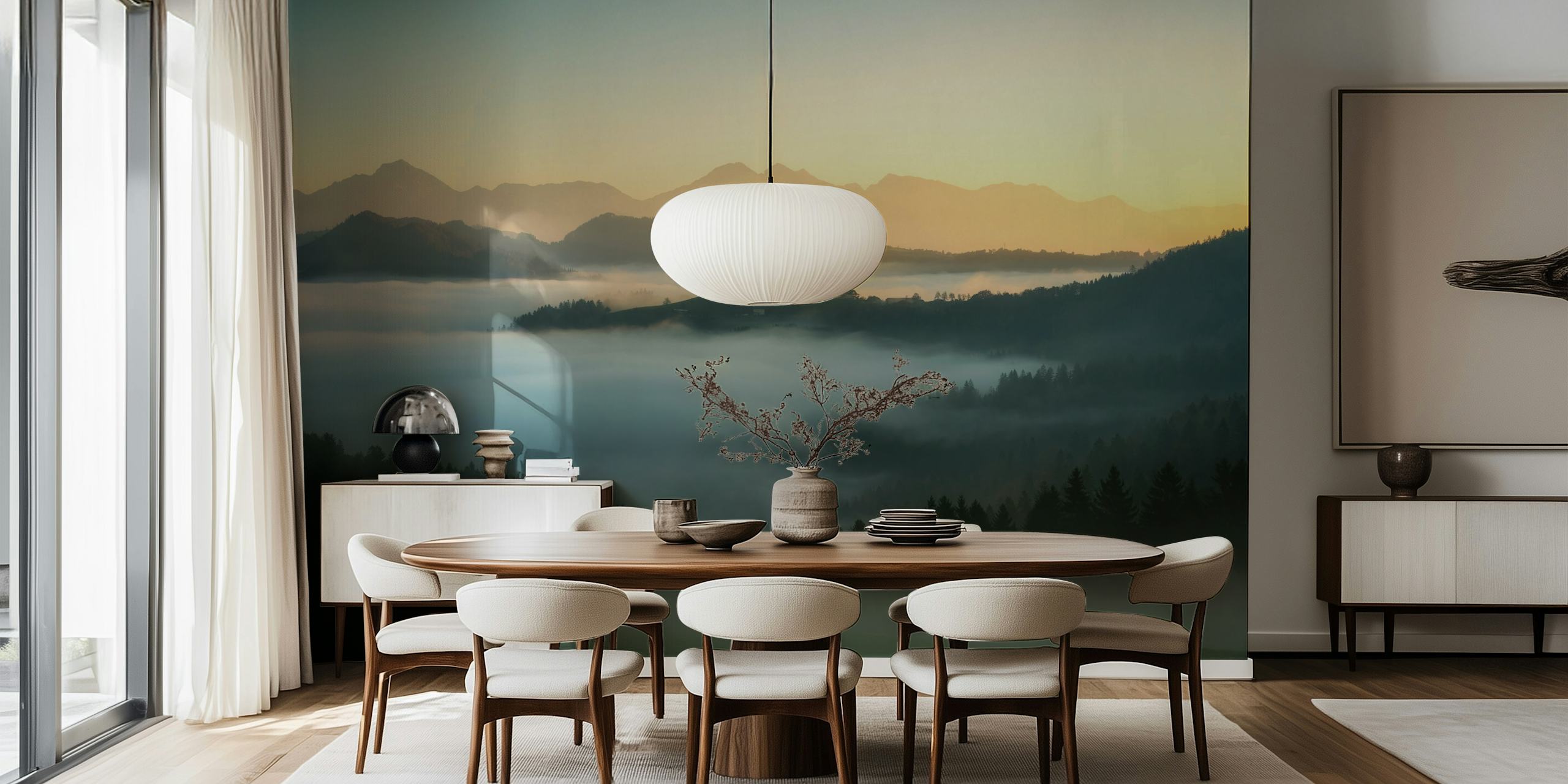 Misty mountain landscape fading into morning light wallpaper