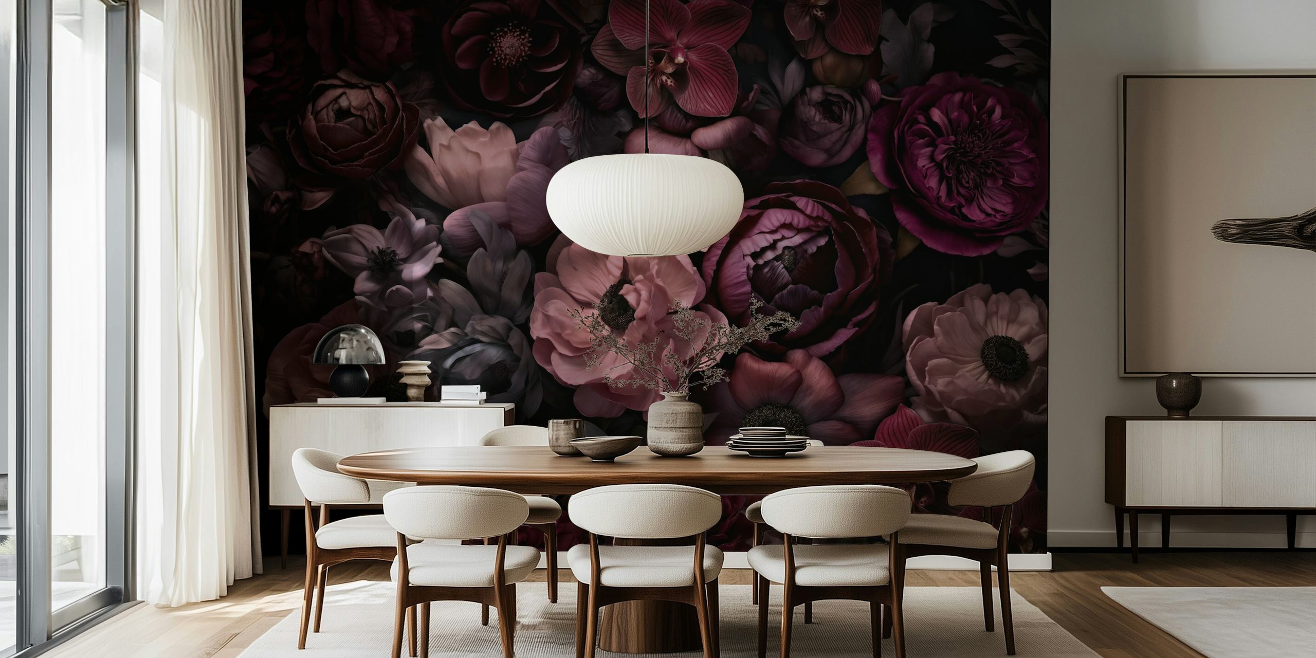 Lush moody floral wallpaper in shades of mauve, purple, and black with intricate flower patterns
