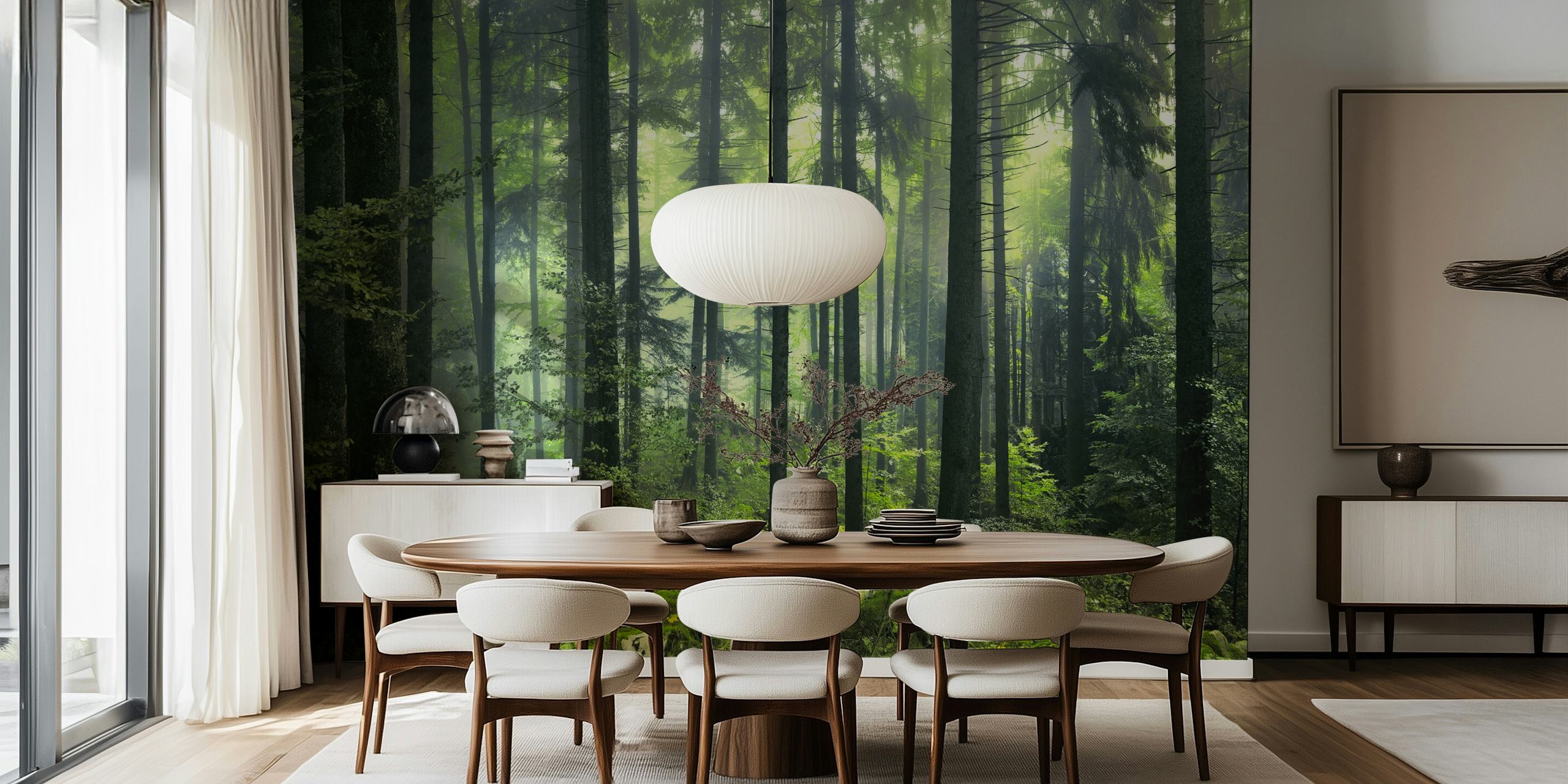 Dense green forest with tall trees and foliage wallpaper