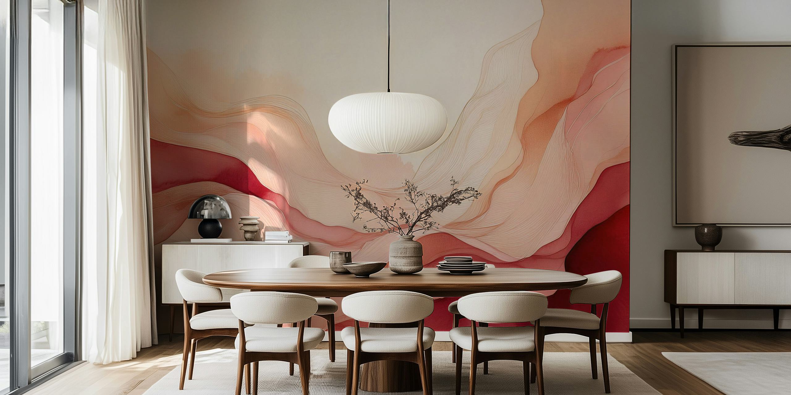 Serene blush waves wallpaper in a room