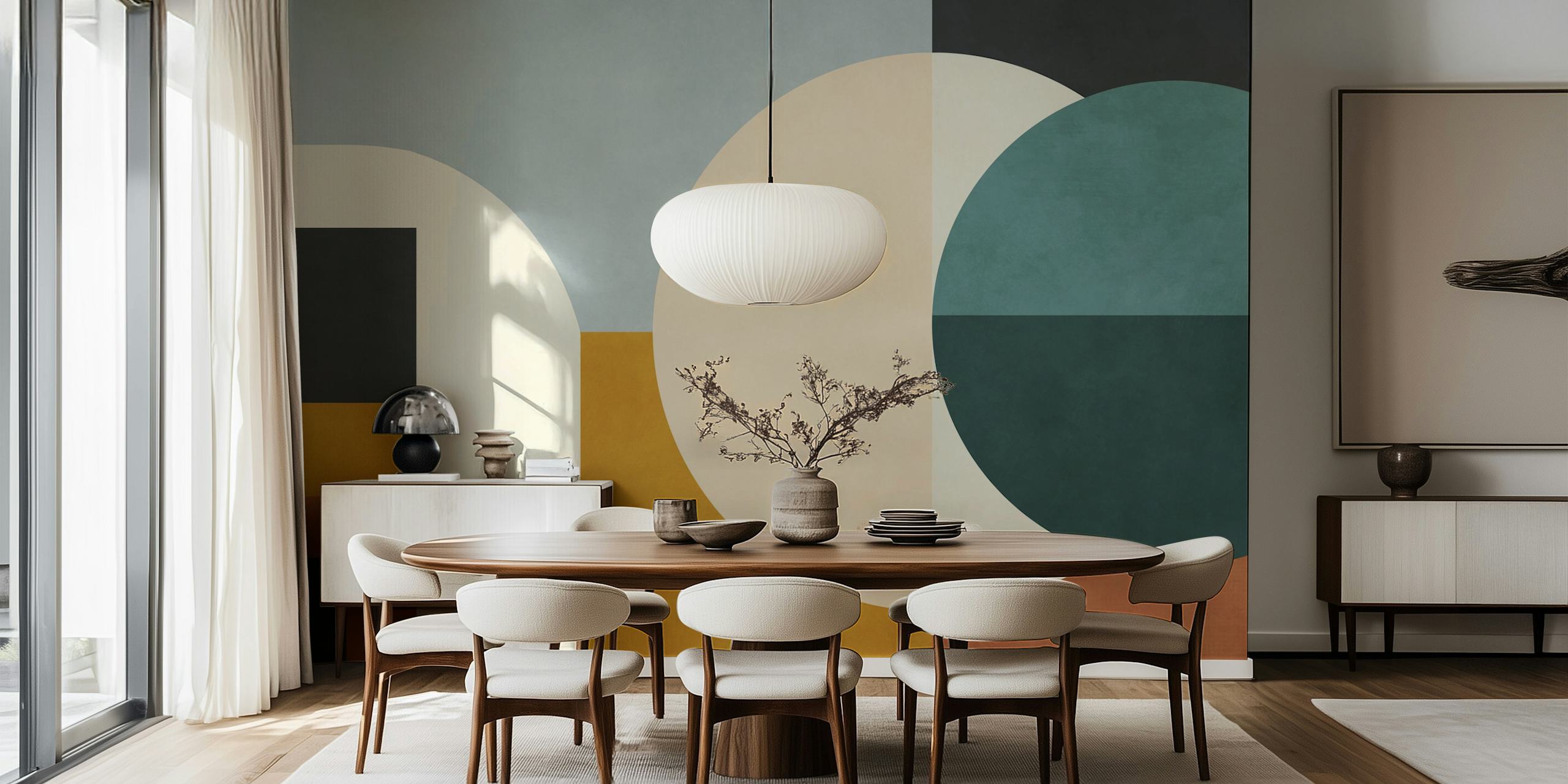 Geometric shapes in soft colors like teal, brown, and cream wallpaper