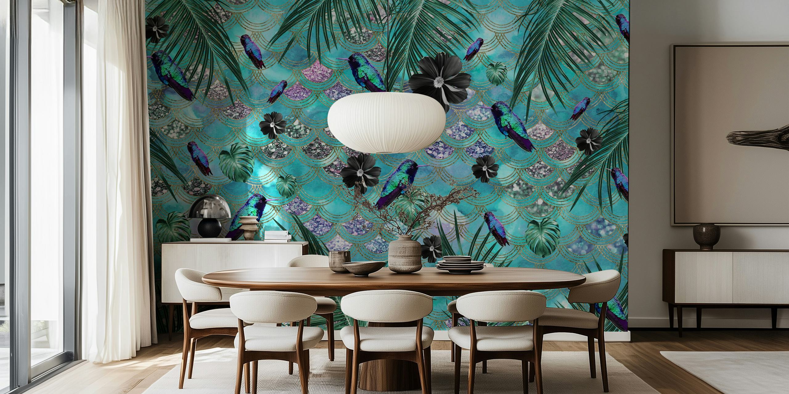 Tropical jungle design with colorful scales, birds, and foliage wallpaper