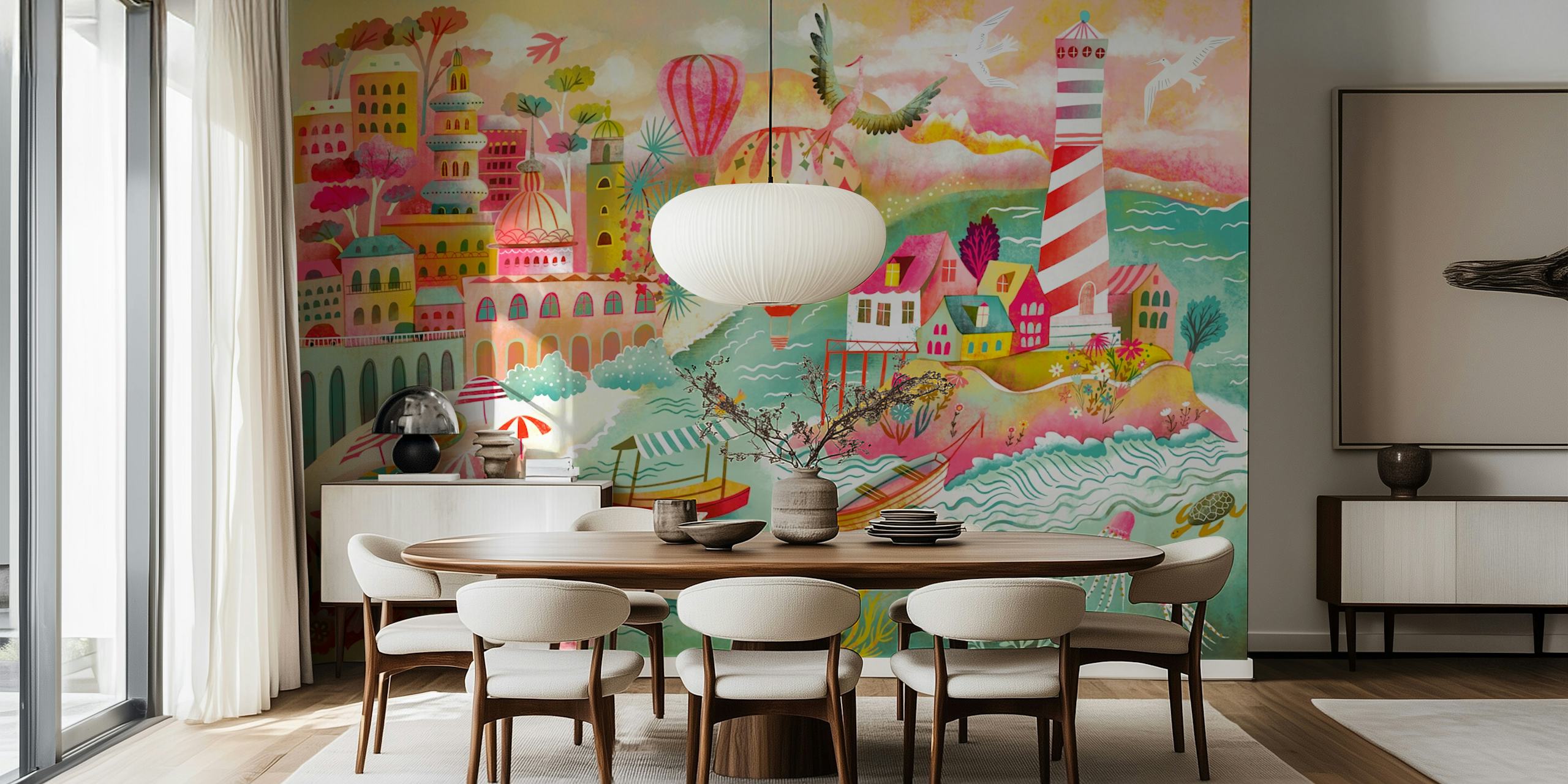 Boats and lighthouse beach dream papel pintado