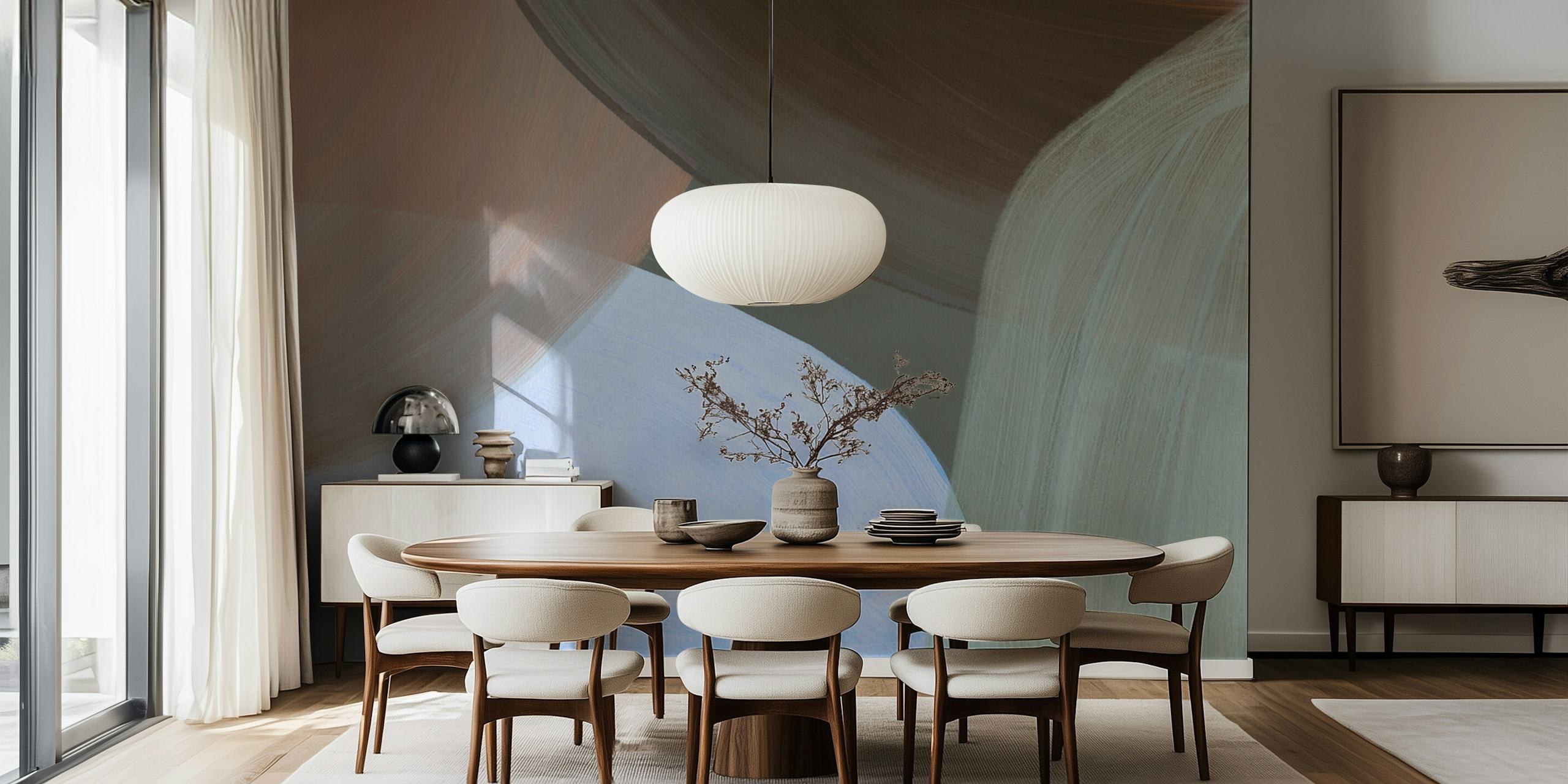 Abstract shapes in muted tones of brown, gray, and blue wallpaper