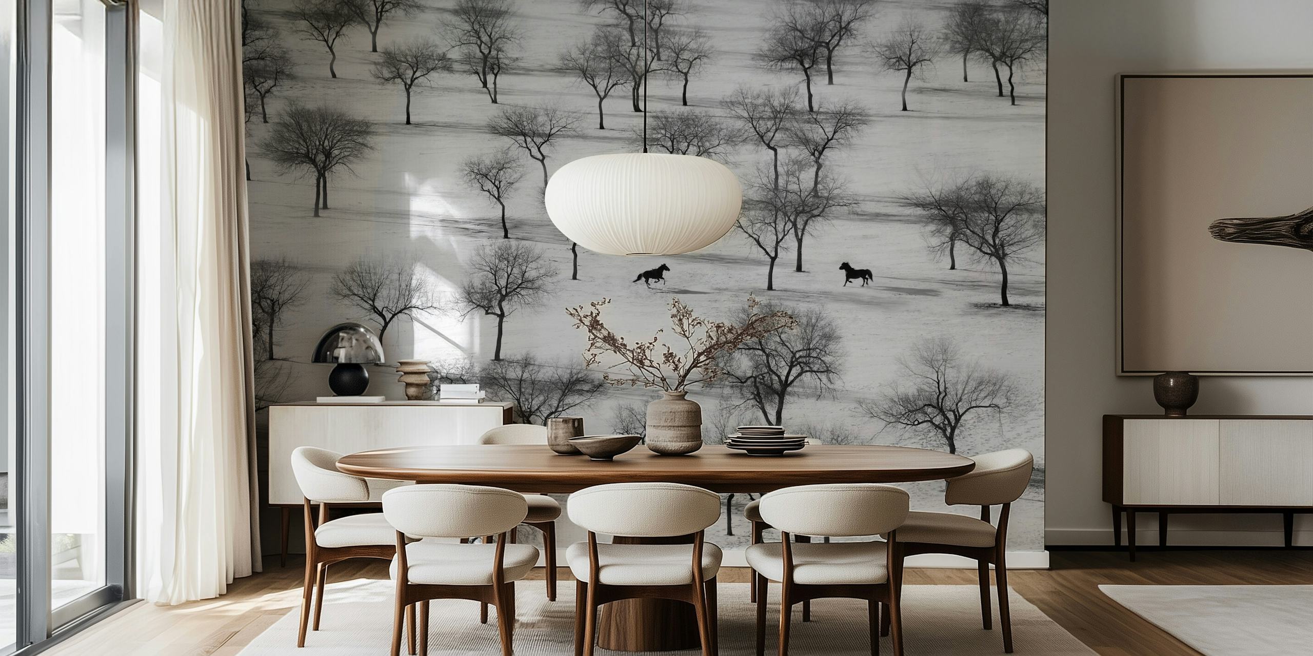 Behang met paarden in een winterlandschap