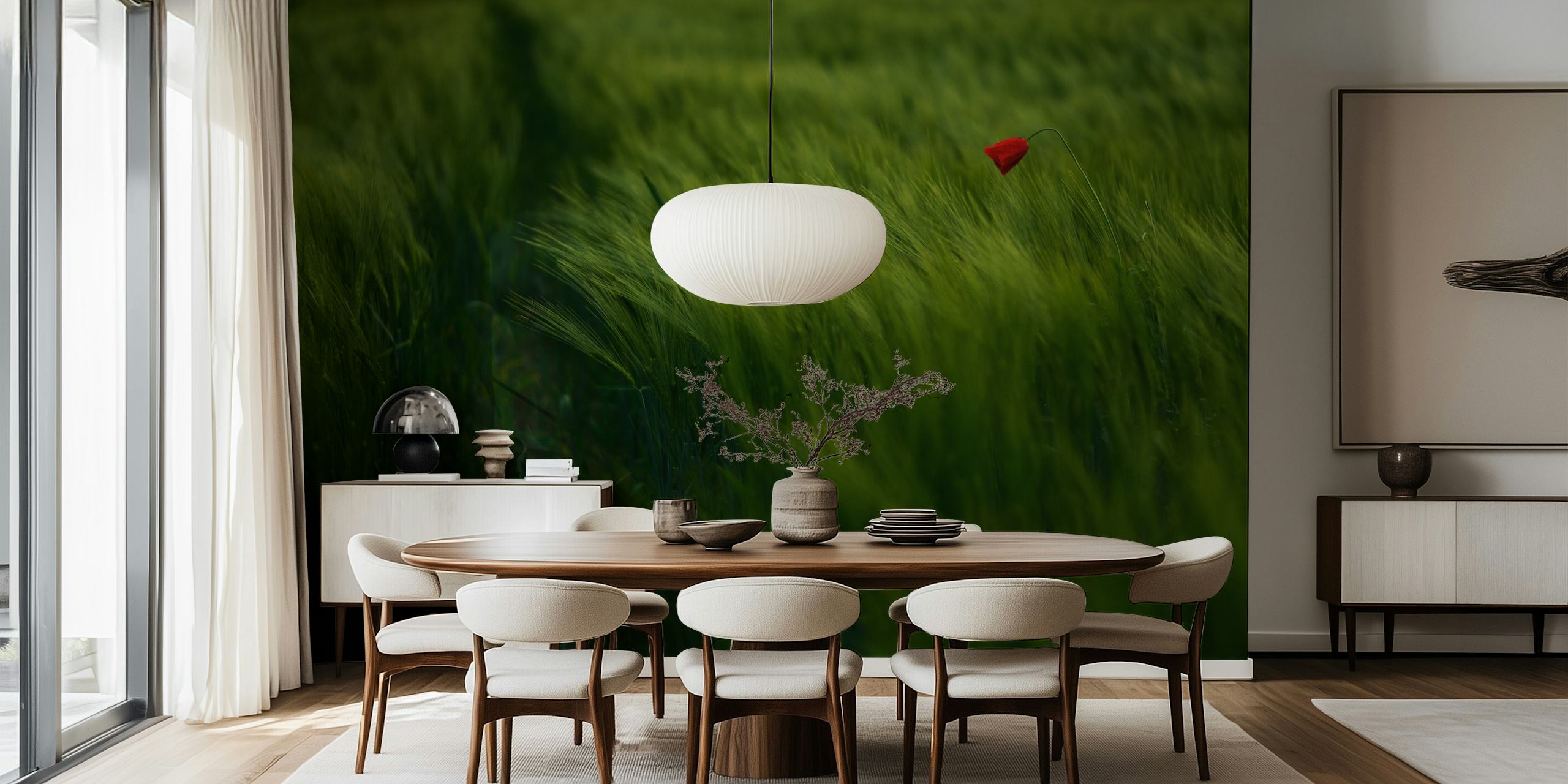 Green grass wall mural with a single red poppy called In The Wind