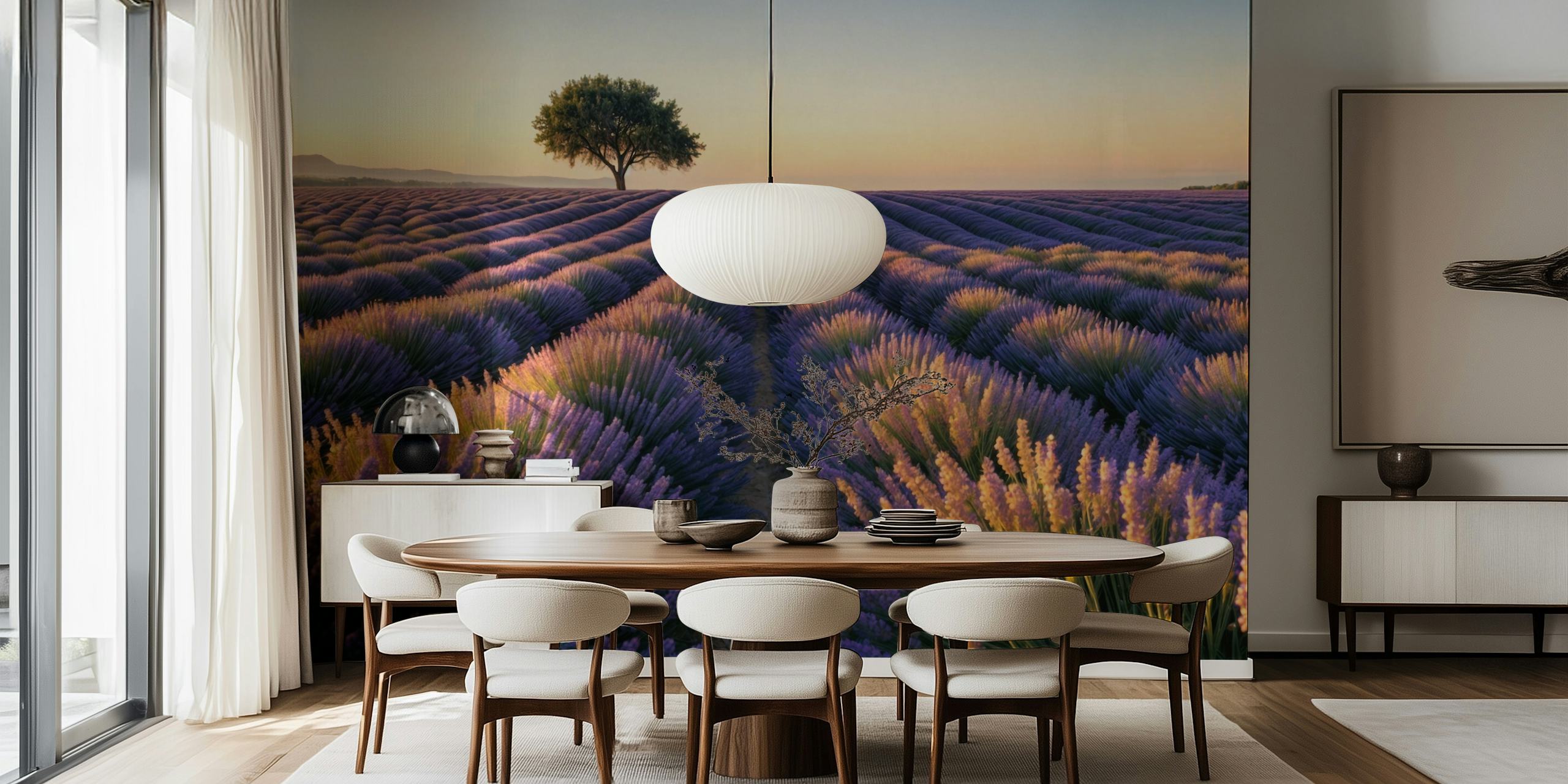 Sunset over lavender fields tapet