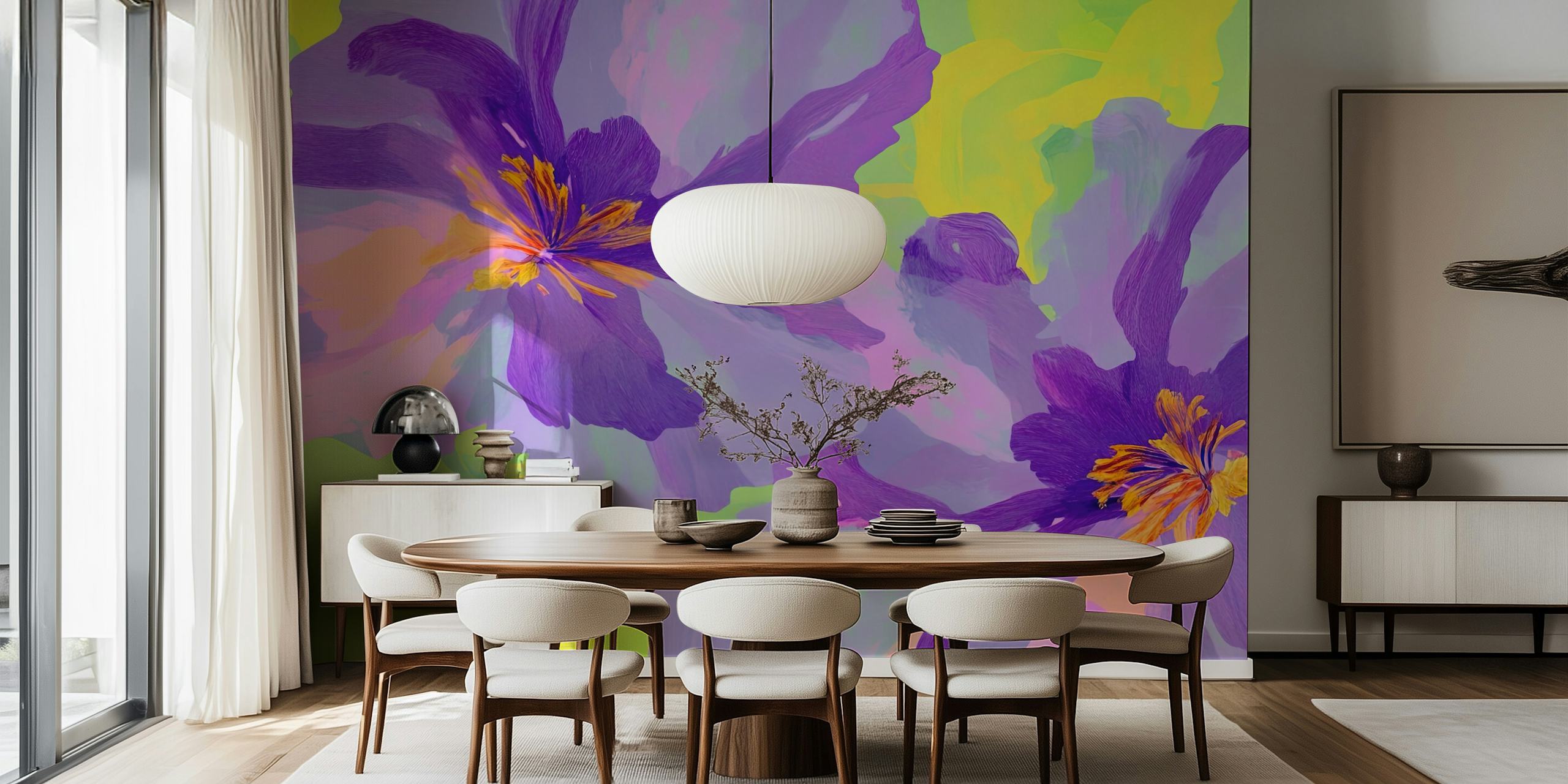Vibrant purple floral wall mural featuring large blossoms on a soft green background.