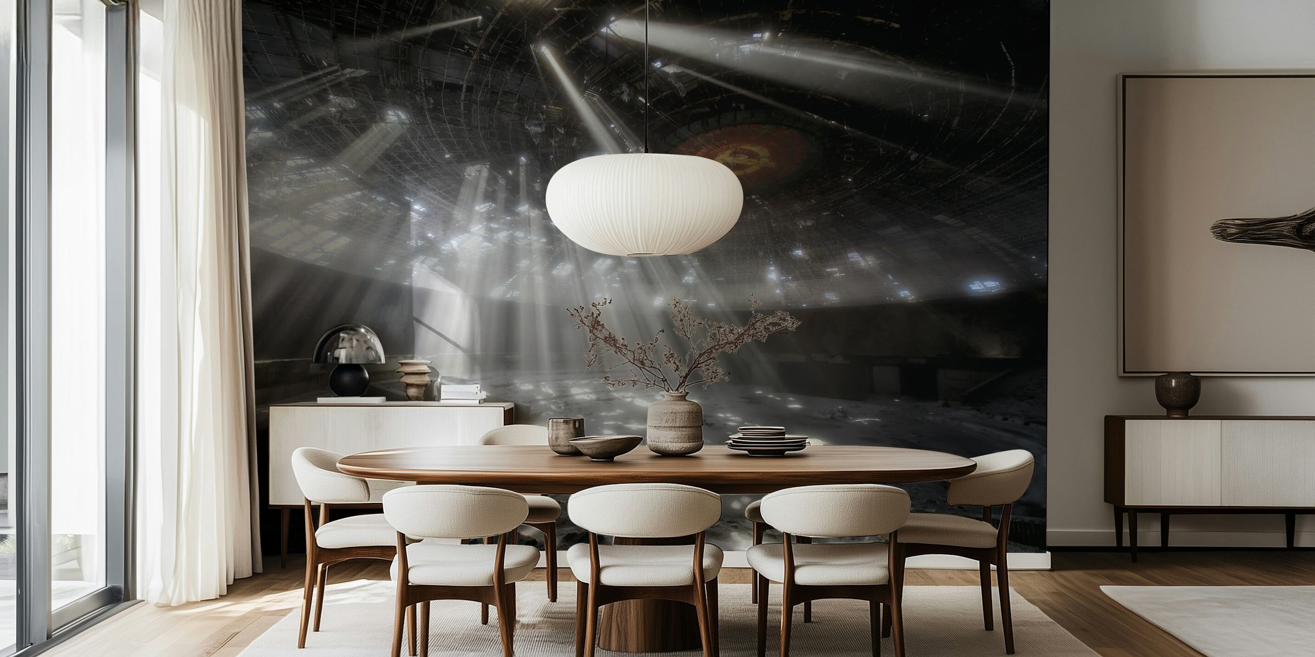 Buzludzha wall mural depicting light rays in an abandoned building