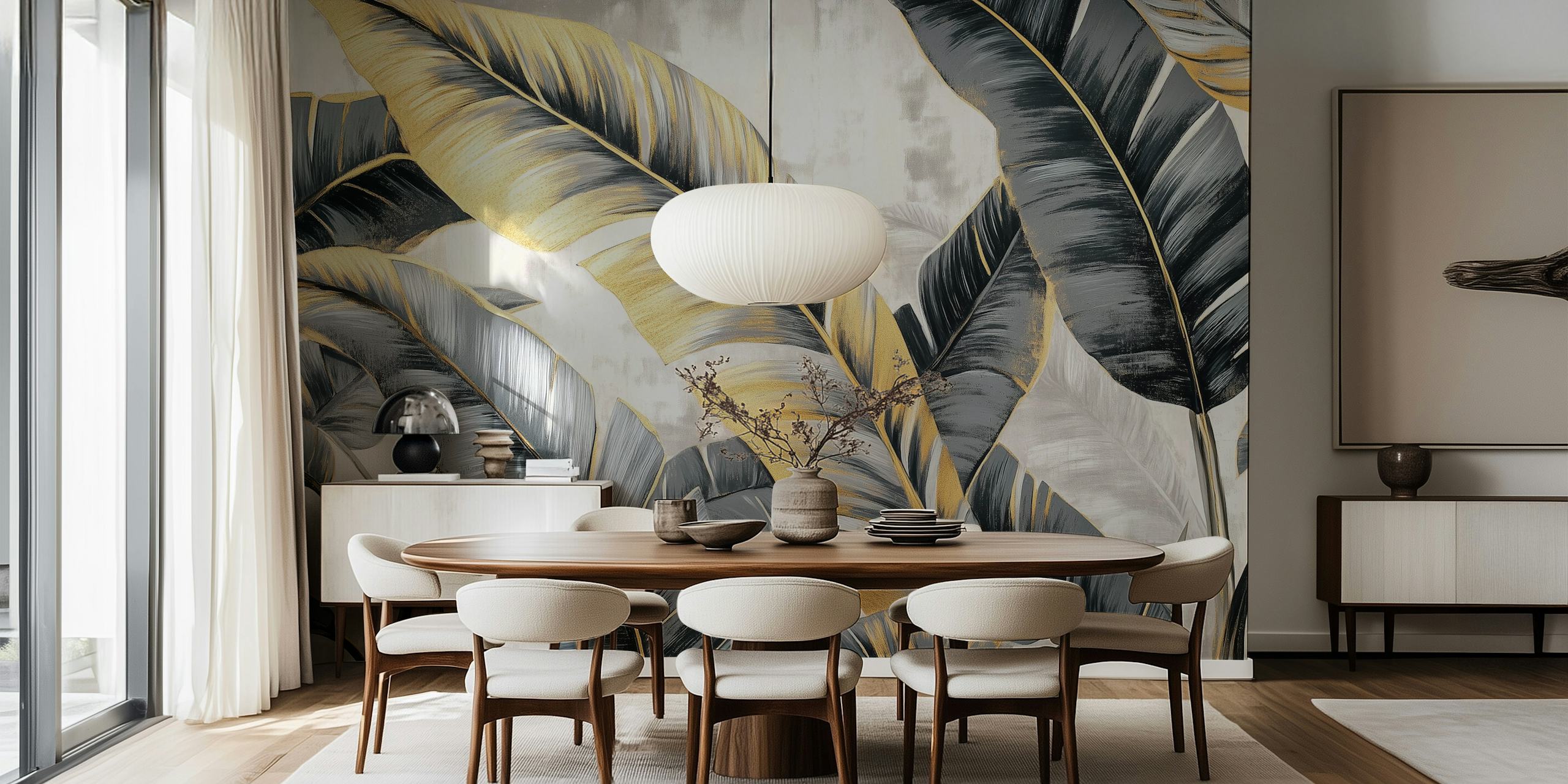 Tapeta Golden Leaf Serenity v moderním obývacím pokoji